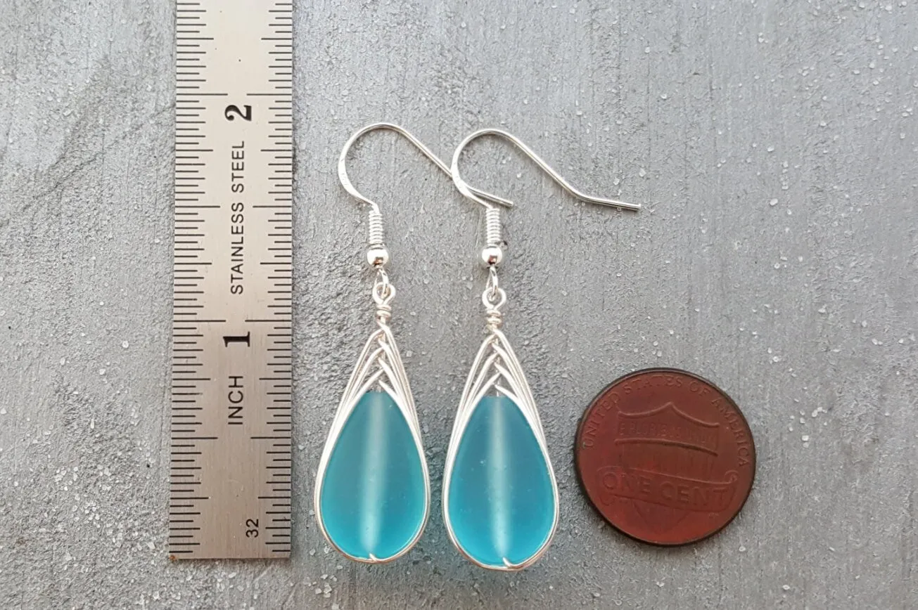 Hawaiian Jewelry Sea Glass Earrings, Braided Turquoise Earrings Blue Earrings Teardrop Earrings, Sea Glass Jewelry (December Birthstone Gift)