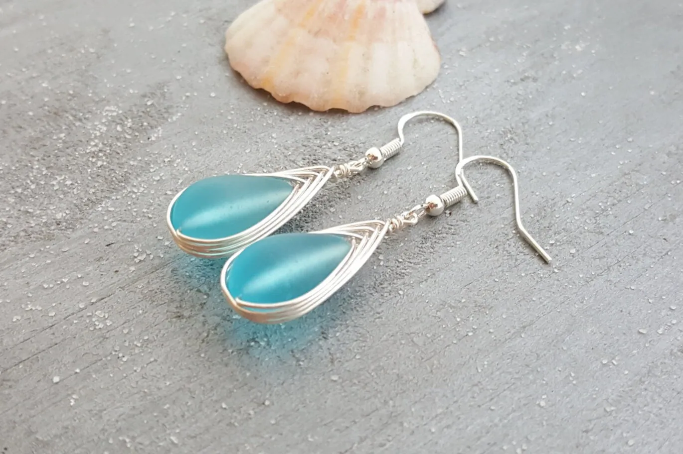 Hawaiian Jewelry Sea Glass Earrings, Braided Turquoise Earrings Blue Earrings Teardrop Earrings, Sea Glass Jewelry (December Birthstone Gift)
