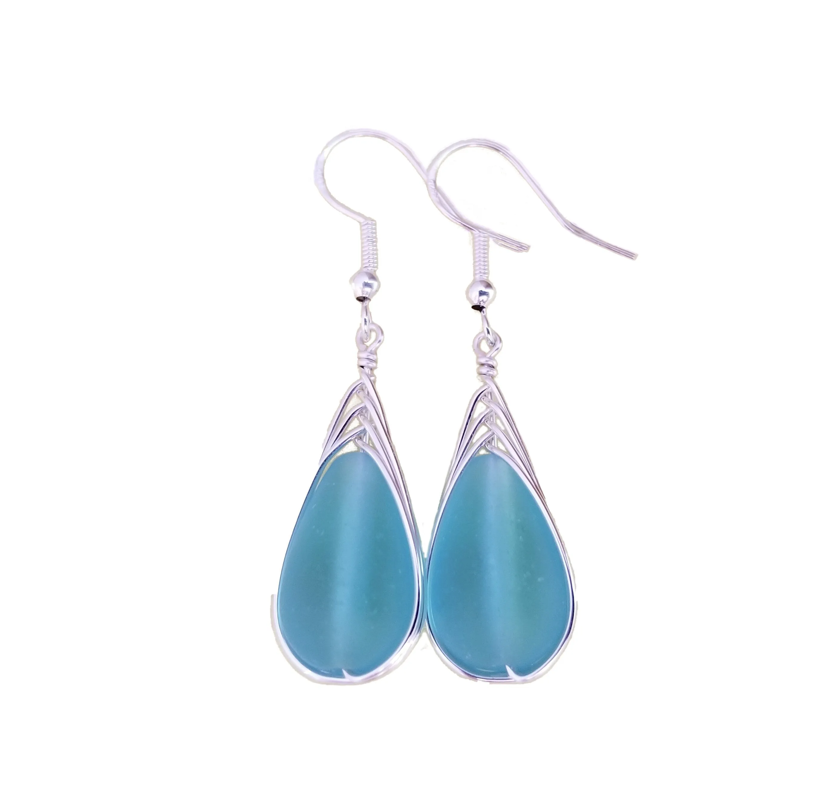 Hawaiian Jewelry Sea Glass Earrings, Braided Turquoise Earrings Blue Earrings Teardrop Earrings, Sea Glass Jewelry (December Birthstone Gift)