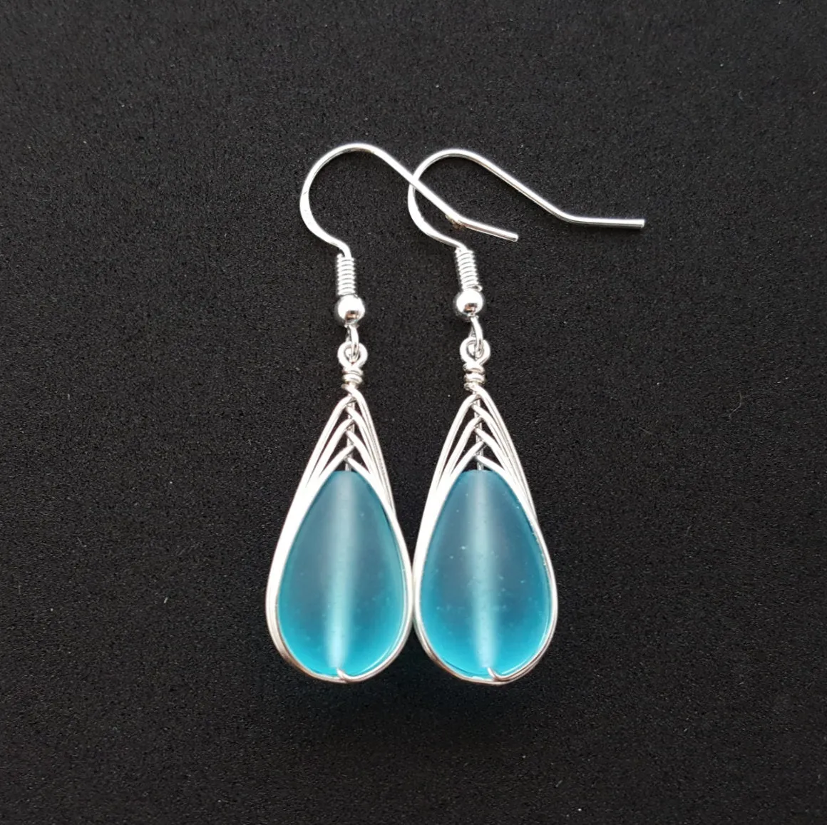 Hawaiian Jewelry Sea Glass Earrings, Braided Turquoise Earrings Blue Earrings Teardrop Earrings, Sea Glass Jewelry (December Birthstone Gift)