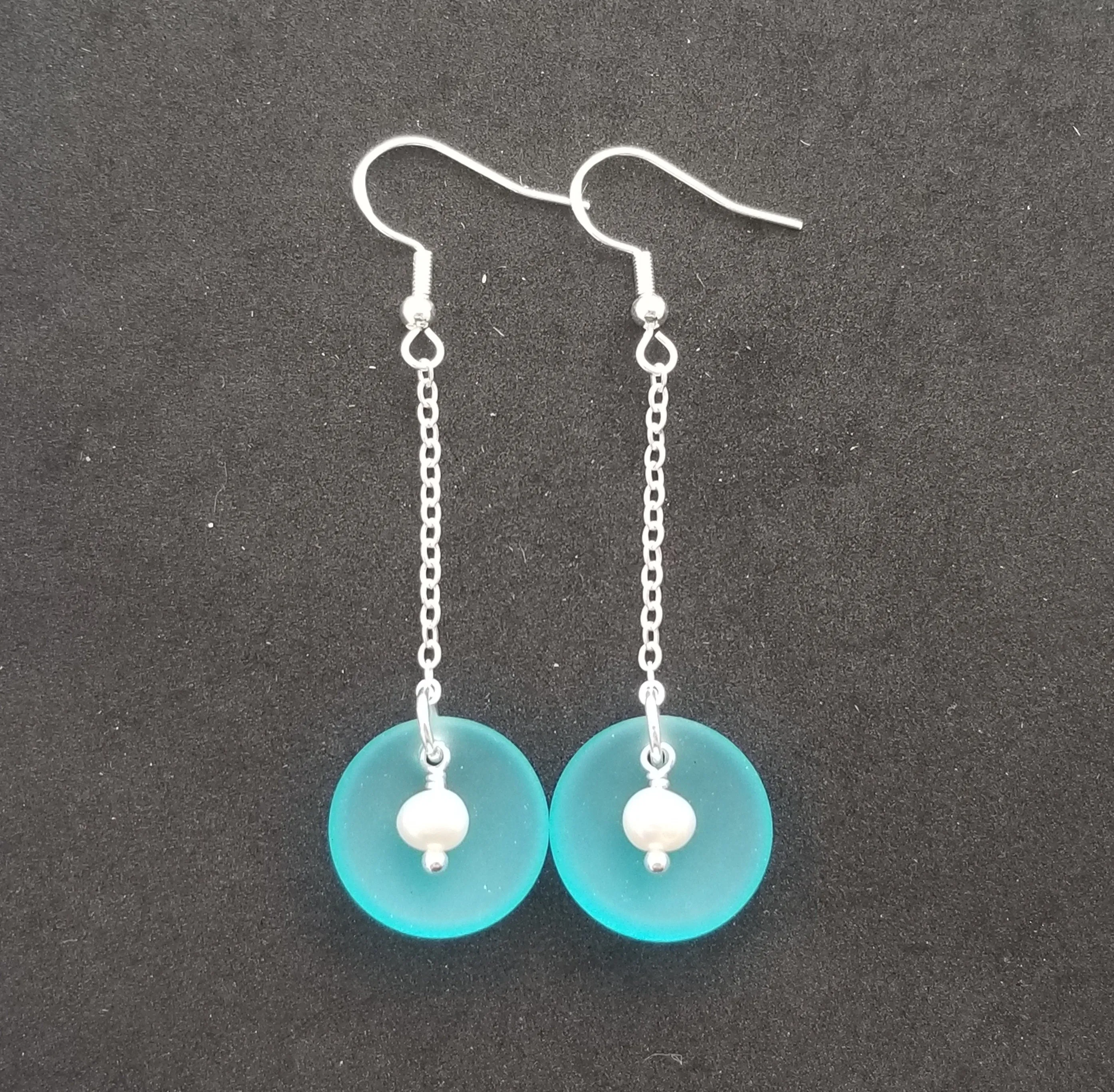 Hawaiian Jewelry Sea Glass Earrings, Clamshell Pearl Earrings Turquoise Blue Jewelry, Beach Sea Glass Birthday Gift (December Birthstone)