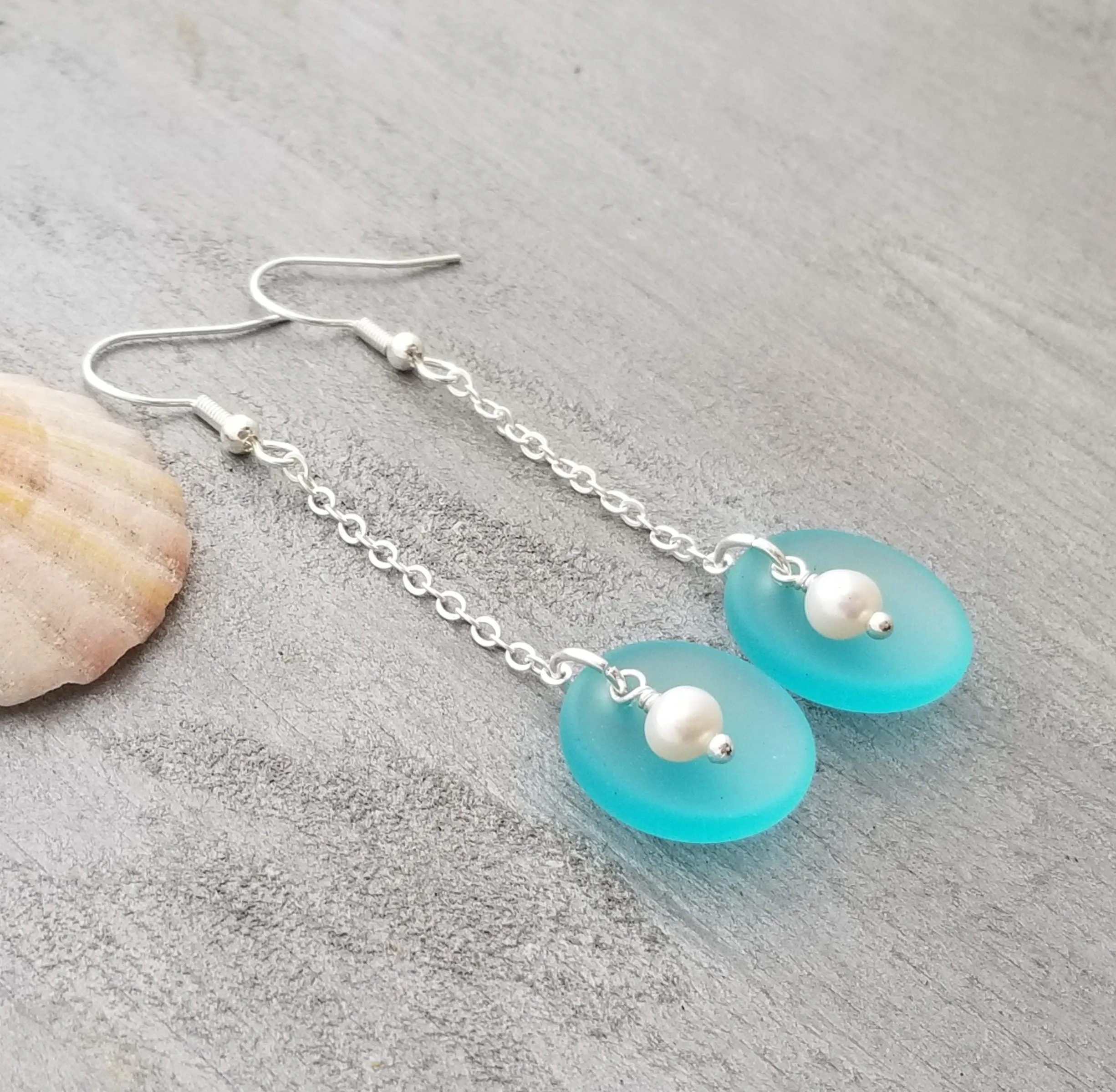 Hawaiian Jewelry Sea Glass Earrings, Clamshell Pearl Earrings Turquoise Blue Jewelry, Beach Sea Glass Birthday Gift (December Birthstone)