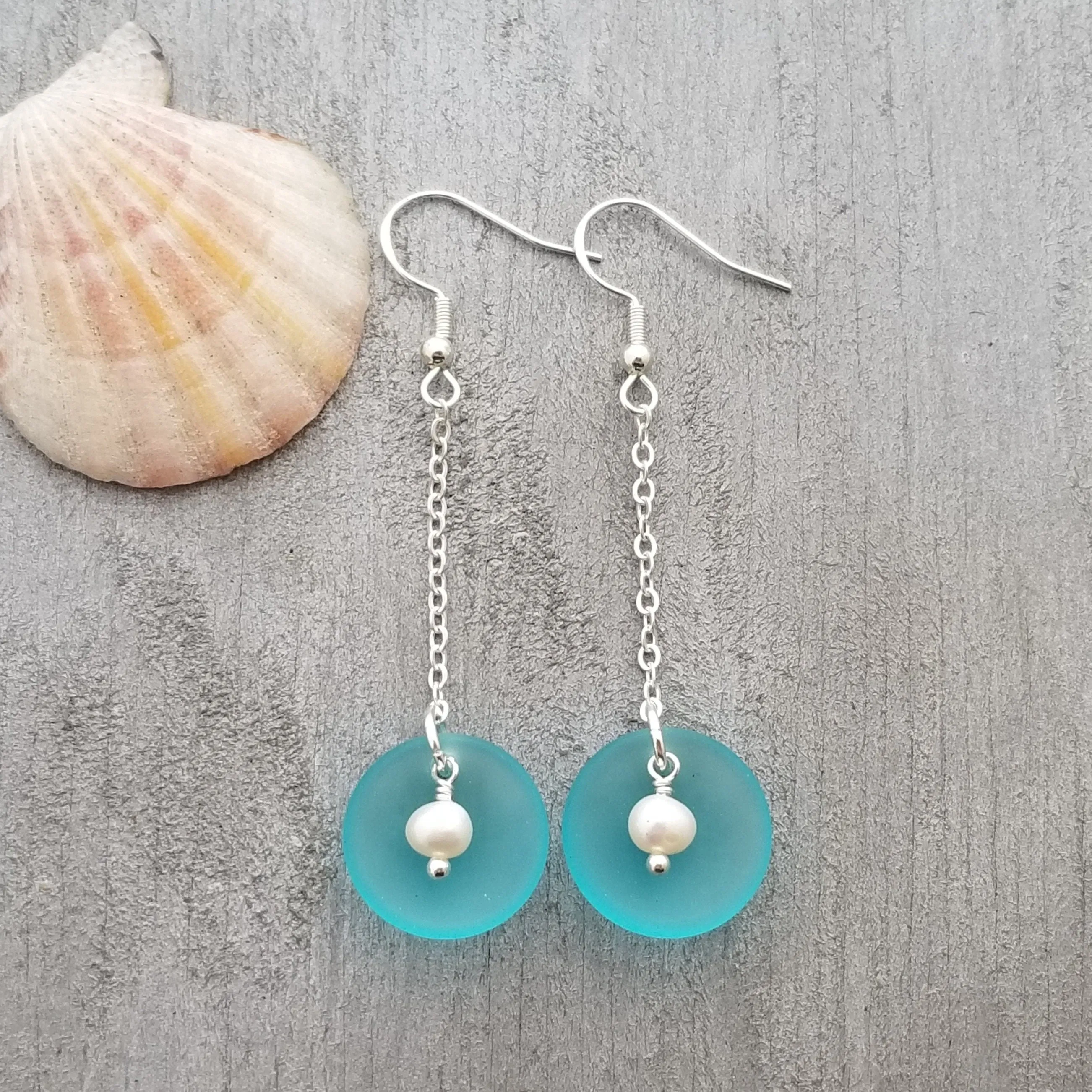 Hawaiian Jewelry Sea Glass Earrings, Clamshell Pearl Earrings Turquoise Blue Jewelry, Beach Sea Glass Birthday Gift (December Birthstone)