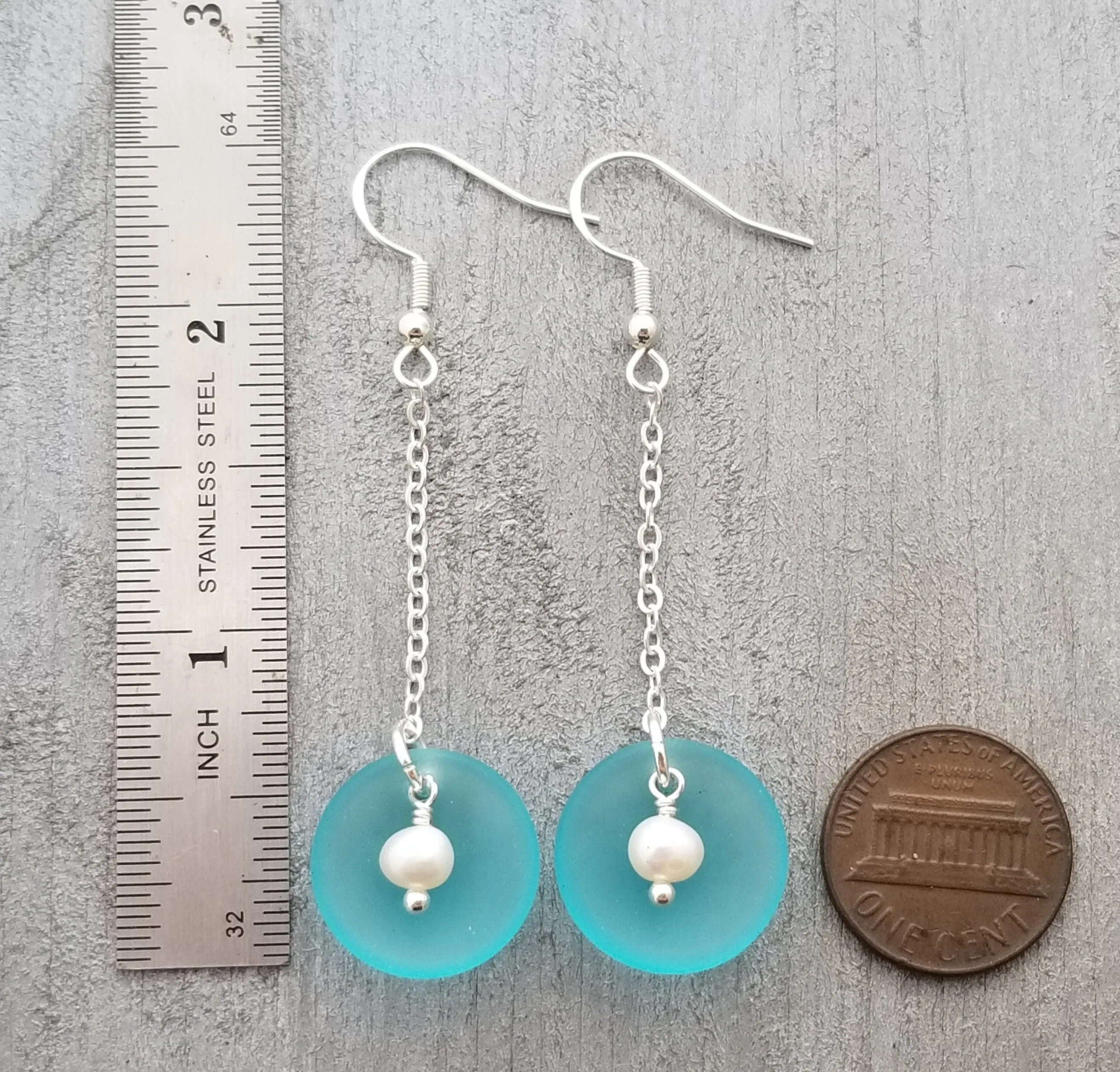 Hawaiian Jewelry Sea Glass Earrings, Clamshell Pearl Earrings Turquoise Blue Jewelry, Beach Sea Glass Birthday Gift (December Birthstone)