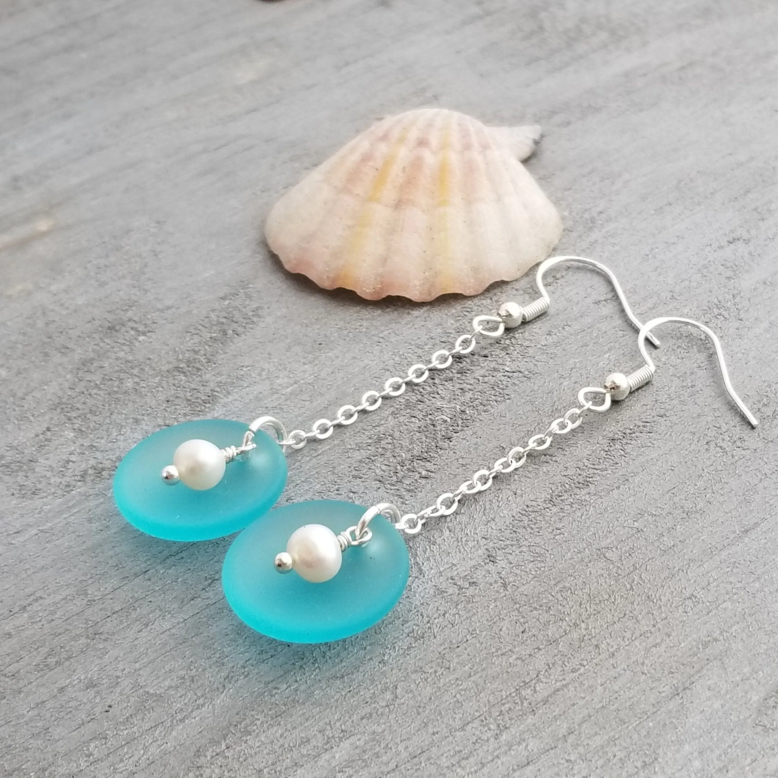 Hawaiian Jewelry Sea Glass Earrings, Clamshell Pearl Earrings Turquoise Blue Jewelry, Beach Sea Glass Birthday Gift (December Birthstone)
