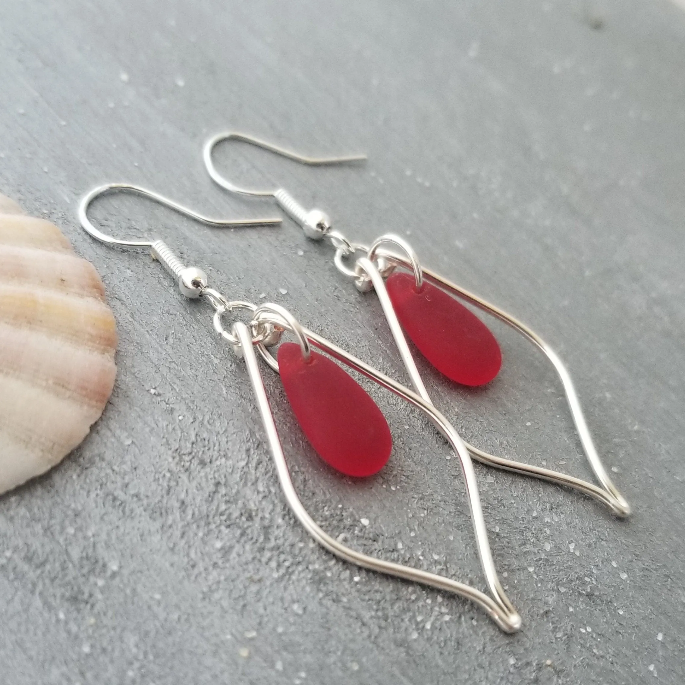 Hawaiian Jewelry Sea Glass Earrings, Wire Loop Ruby Earrings Red Earrings, Beachy Sea Glass Jewelry Birthday Gift (July Birthstone Jewelry)