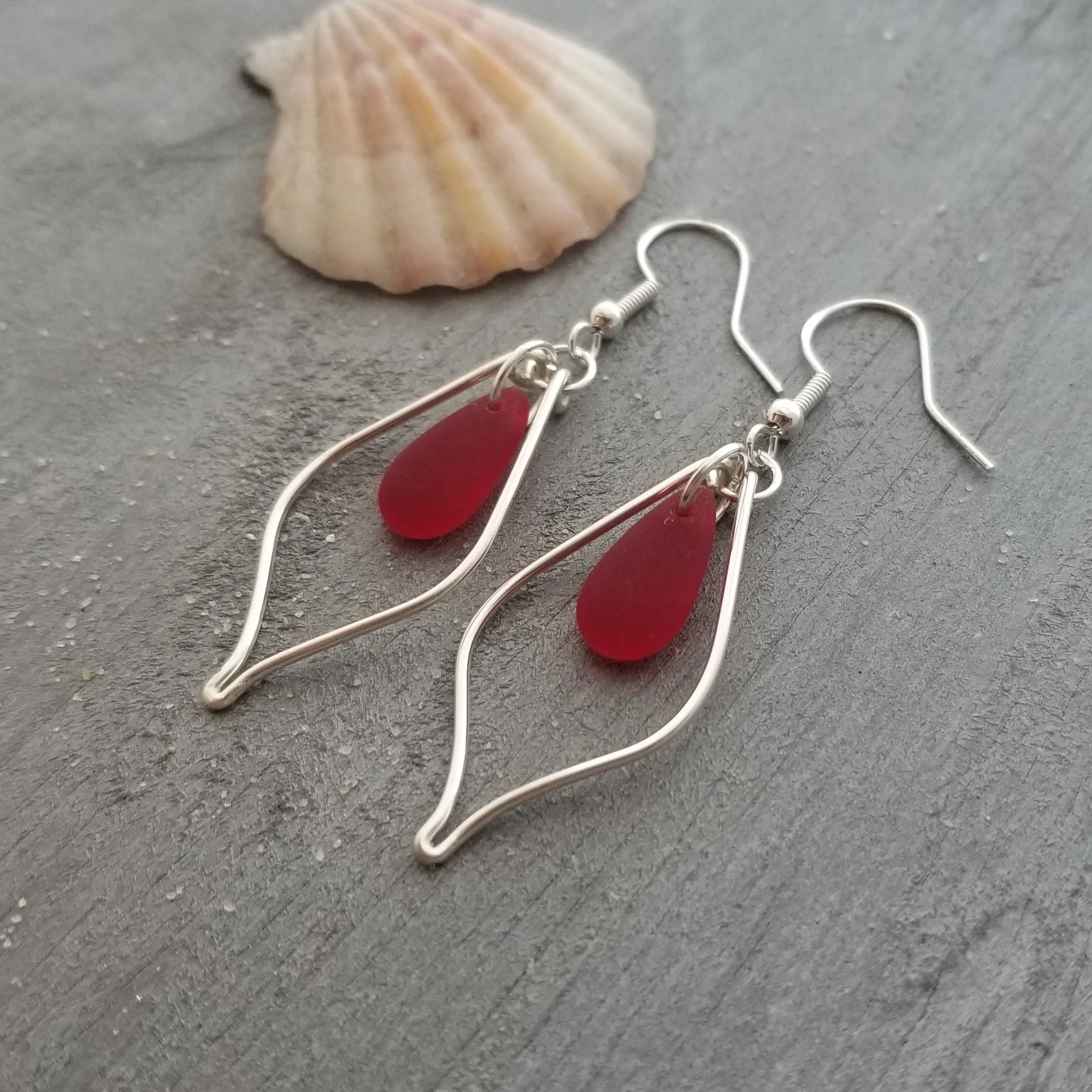 Hawaiian Jewelry Sea Glass Earrings, Wire Loop Ruby Earrings Red Earrings, Beachy Sea Glass Jewelry Birthday Gift (July Birthstone Jewelry)