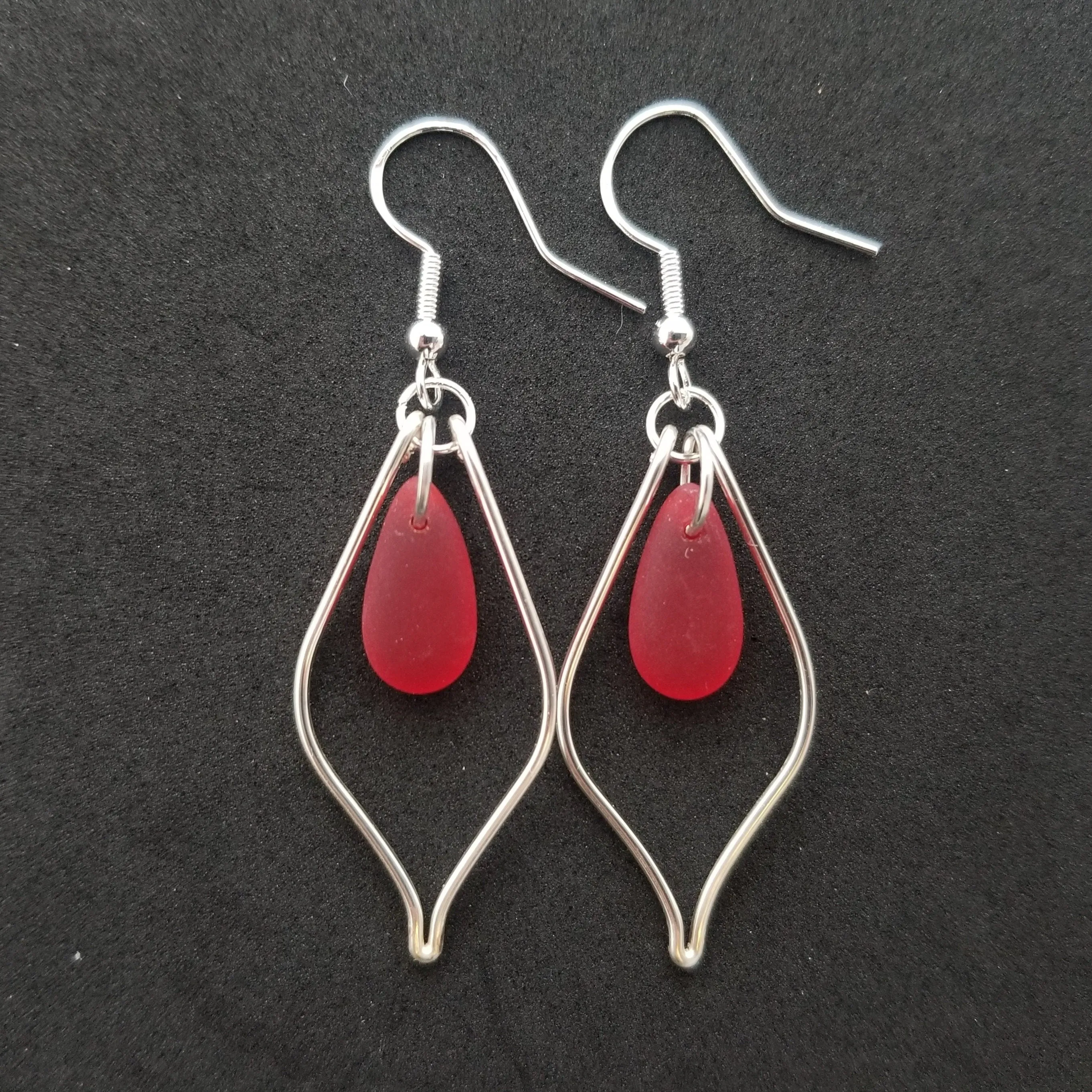 Hawaiian Jewelry Sea Glass Earrings, Wire Loop Ruby Earrings Red Earrings, Beachy Sea Glass Jewelry Birthday Gift (July Birthstone Jewelry)