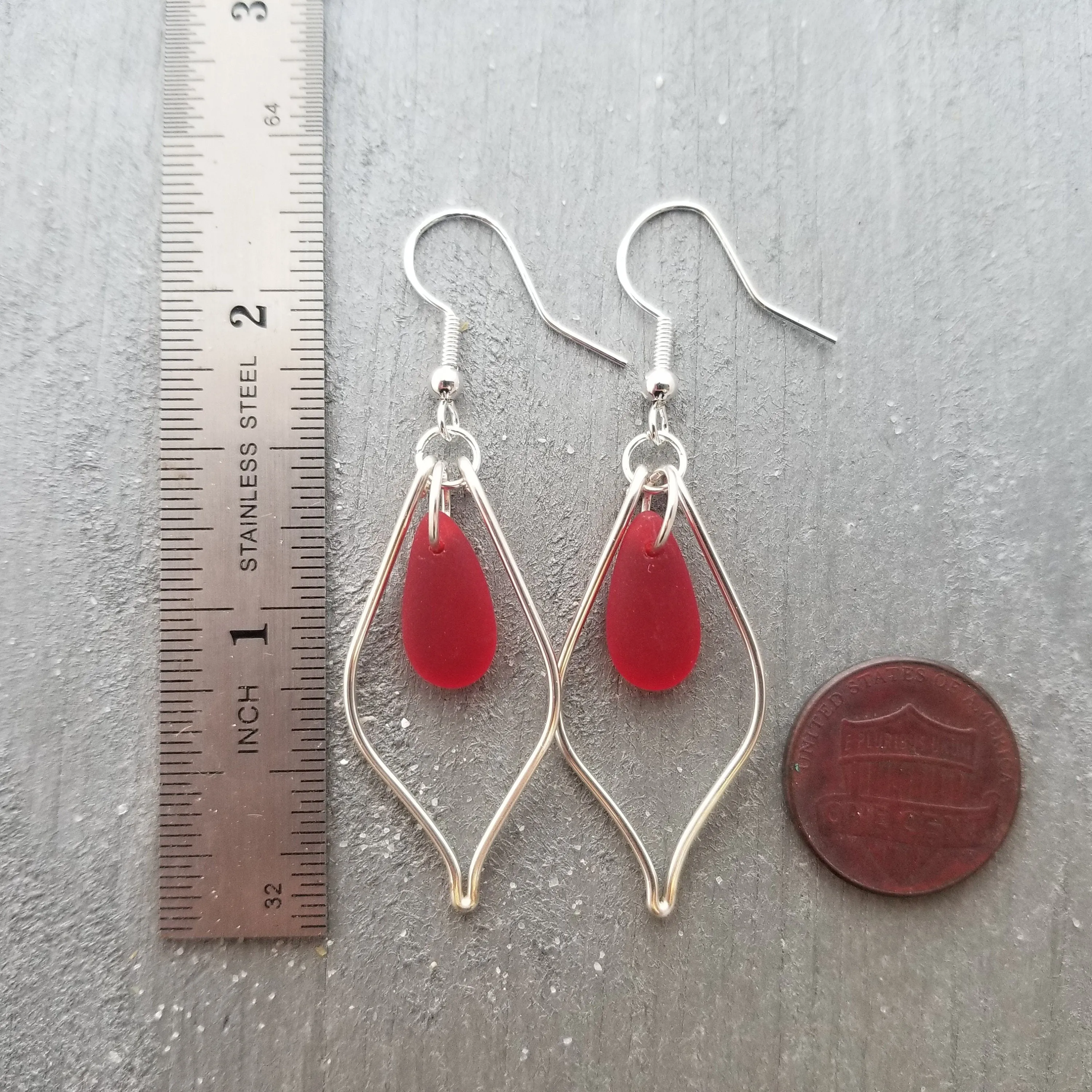 Hawaiian Jewelry Sea Glass Earrings, Wire Loop Ruby Earrings Red Earrings, Beachy Sea Glass Jewelry Birthday Gift (July Birthstone Jewelry)