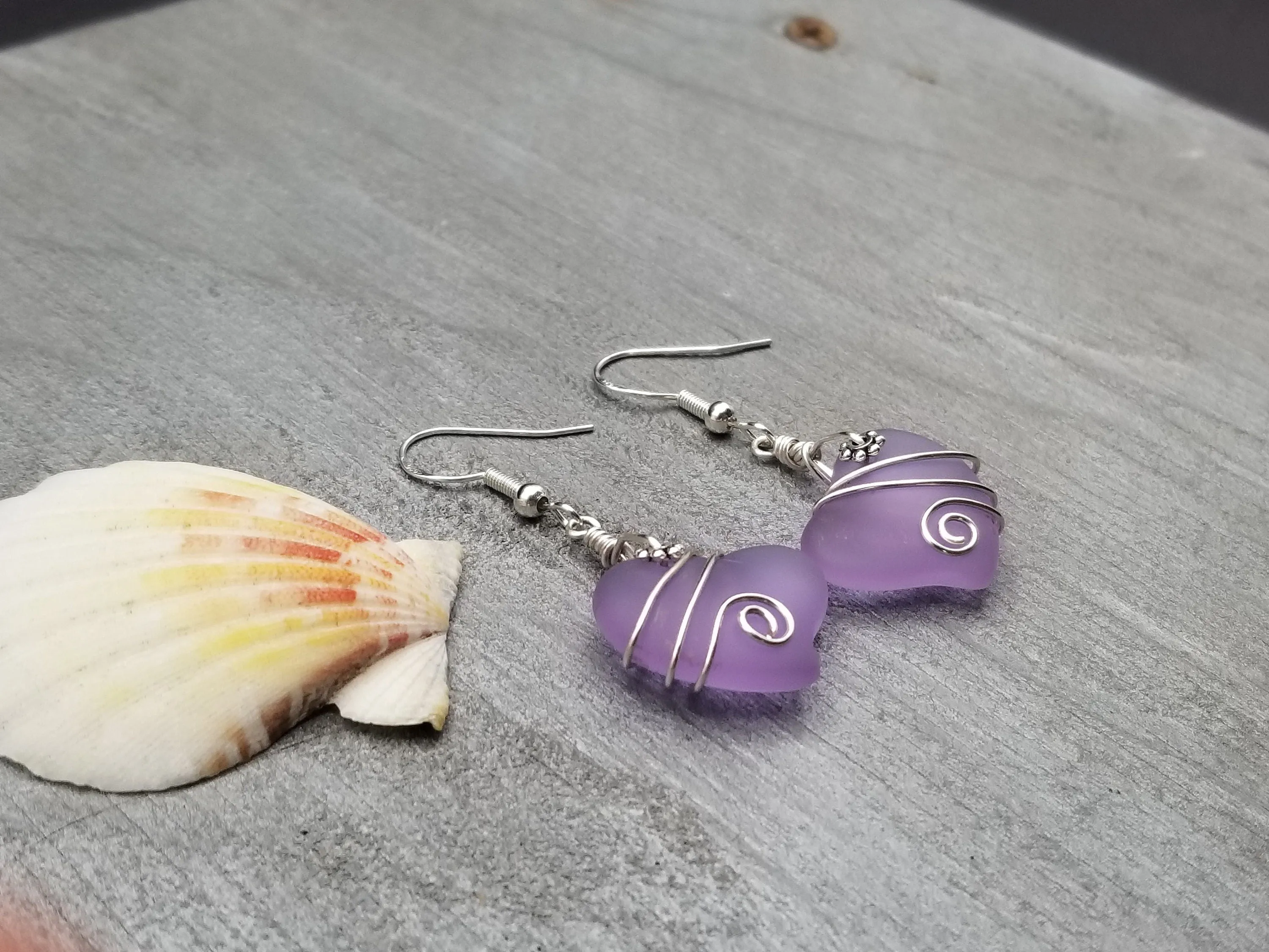 Hawaiian Jewelry Sea Glass Earrings, Wire "Magical Color Changing" Purple Twin Heart Earrings,  Beach Jewelry Gift (February Birthstone)