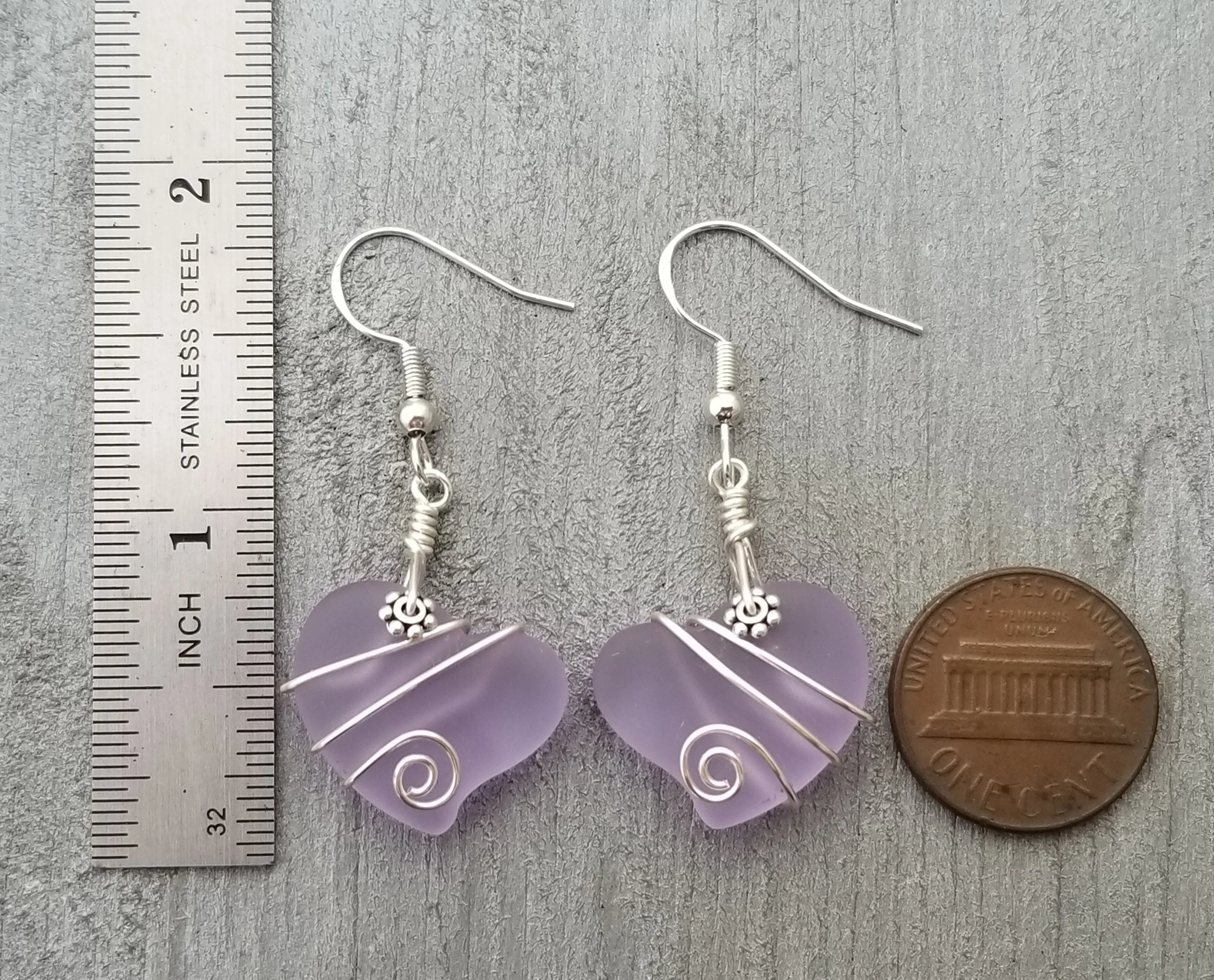 Hawaiian Jewelry Sea Glass Earrings, Wire "Magical Color Changing" Purple Twin Heart Earrings,  Beach Jewelry Gift (February Birthstone)