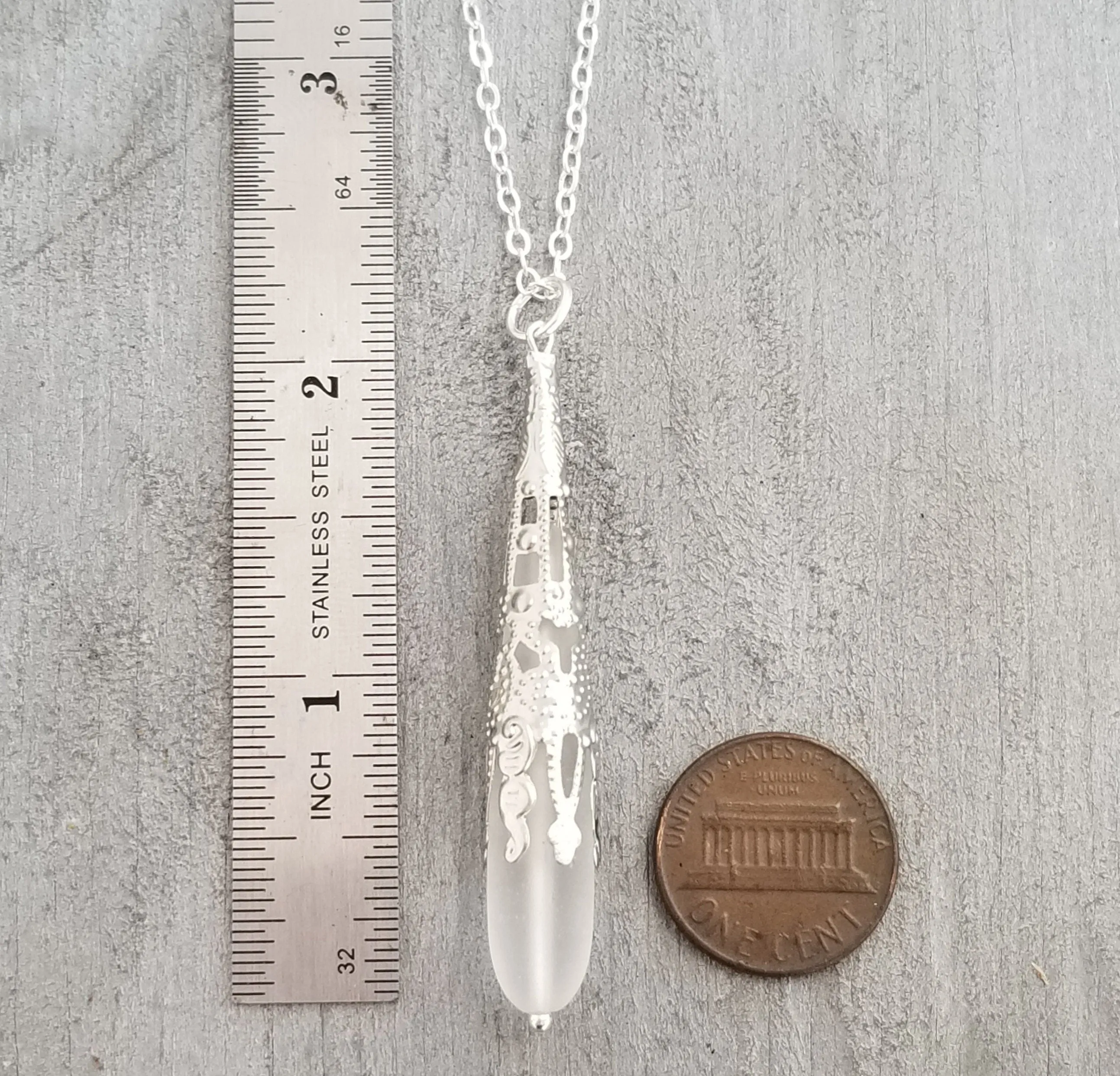 Hawaiian Jewelry Sea Glass Necklace, Crystal Clear Long Teardrop Necklace, Sea Glass Jewelry Birthday Gift  For Women (April Birthstone)