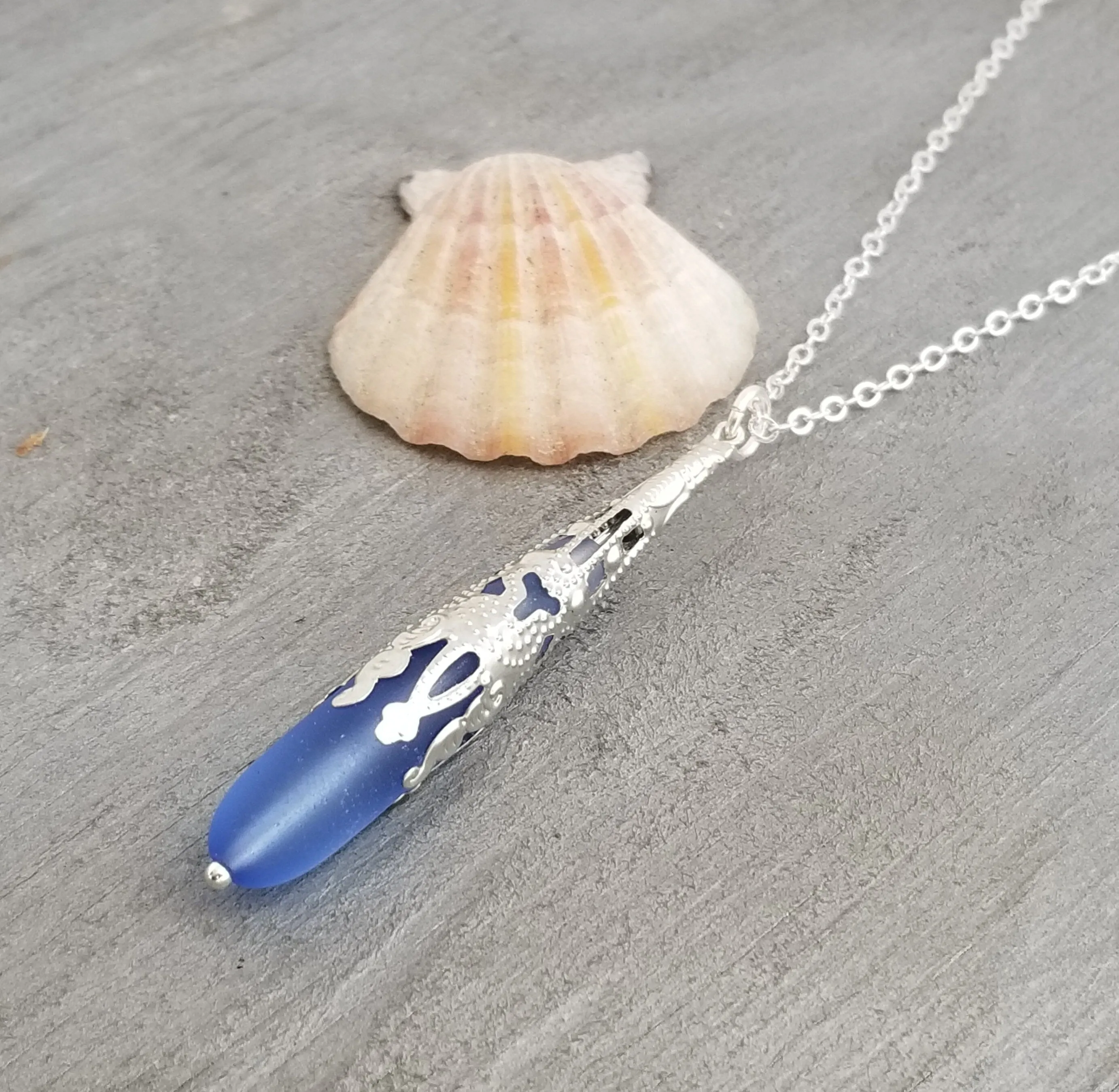 Hawaiian Jewelry Sea Glass Necklace, Light Cobalt Blue Necklace Long Teardrop Necklace, Beach Jewelry Birthday Gifts (September Birthstone)