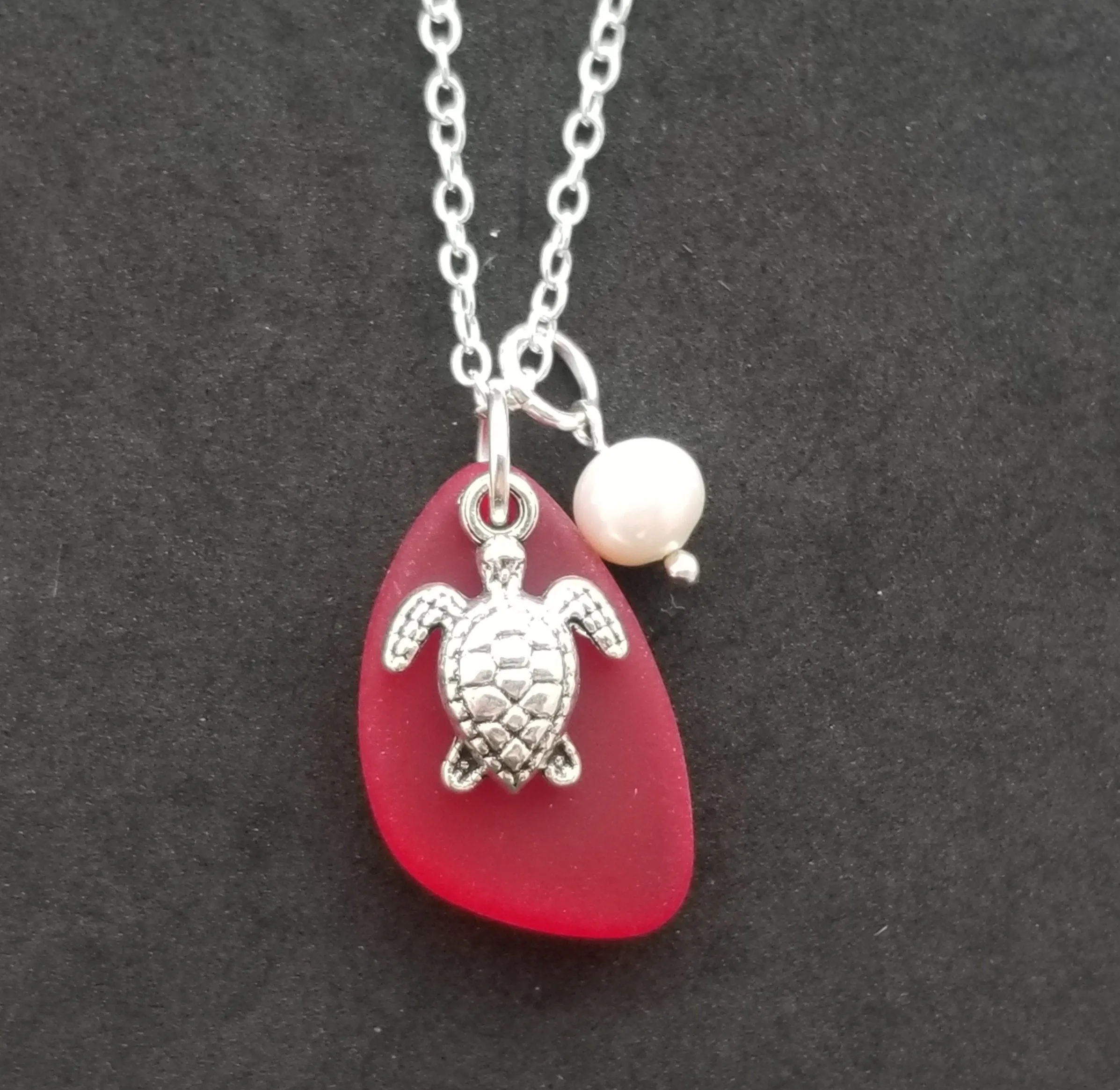 Hawaiian Jewelry Sea Glass Necklace, Ruby Red Necklace Turtle Necklace Pearl Necklace, Sea Glass Jewelry Fun Birthday Gift (July Birthstone)