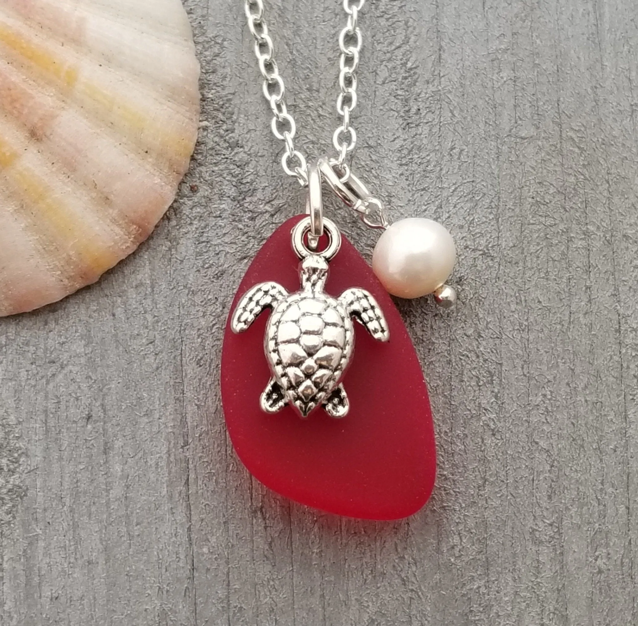 Hawaiian Jewelry Sea Glass Necklace, Ruby Red Necklace Turtle Necklace Pearl Necklace, Sea Glass Jewelry Fun Birthday Gift (July Birthstone)
