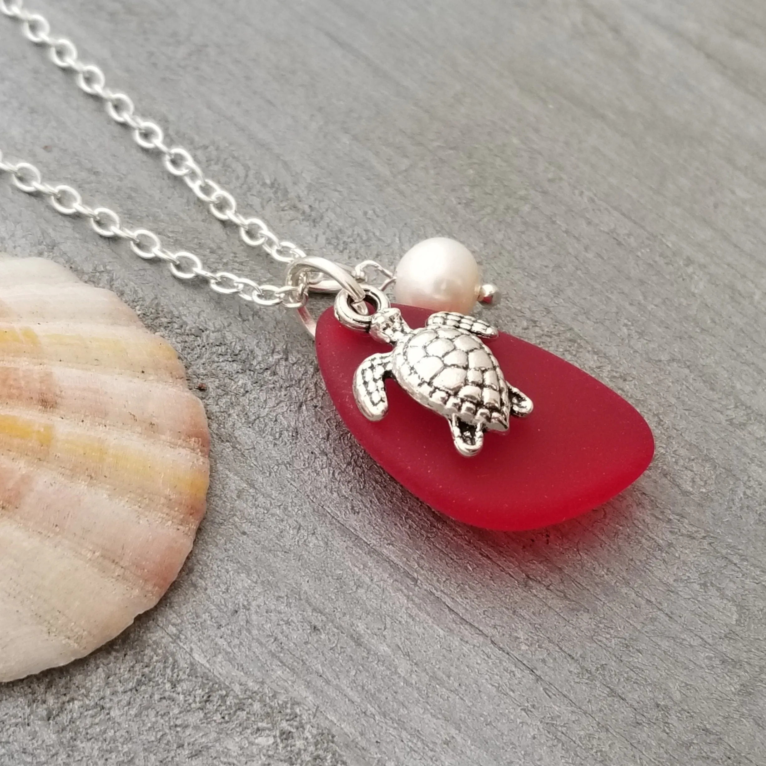 Hawaiian Jewelry Sea Glass Necklace, Ruby Red Necklace Turtle Necklace Pearl Necklace, Sea Glass Jewelry Fun Birthday Gift (July Birthstone)