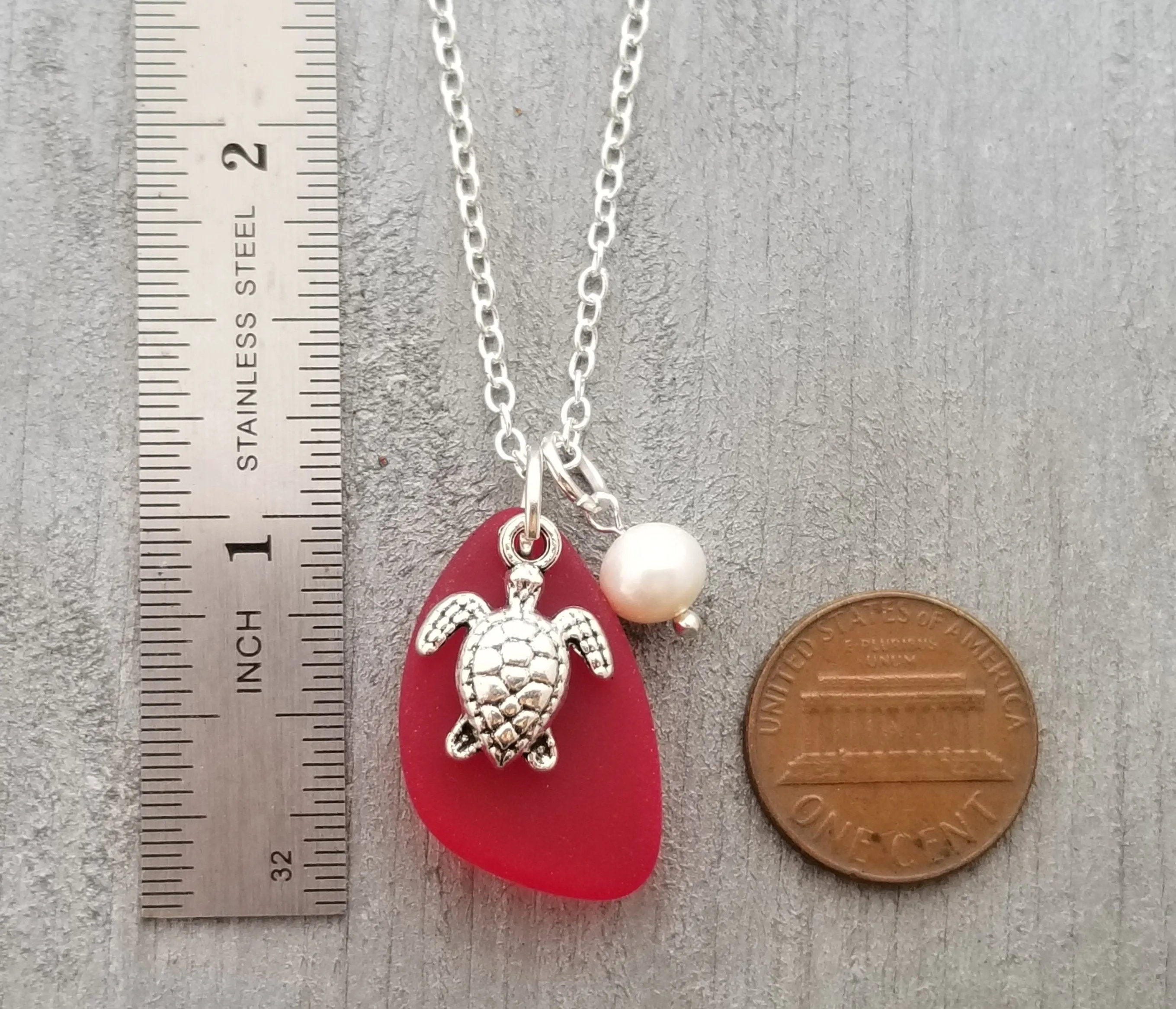 Hawaiian Jewelry Sea Glass Necklace, Ruby Red Necklace Turtle Necklace Pearl Necklace, Sea Glass Jewelry Fun Birthday Gift (July Birthstone)