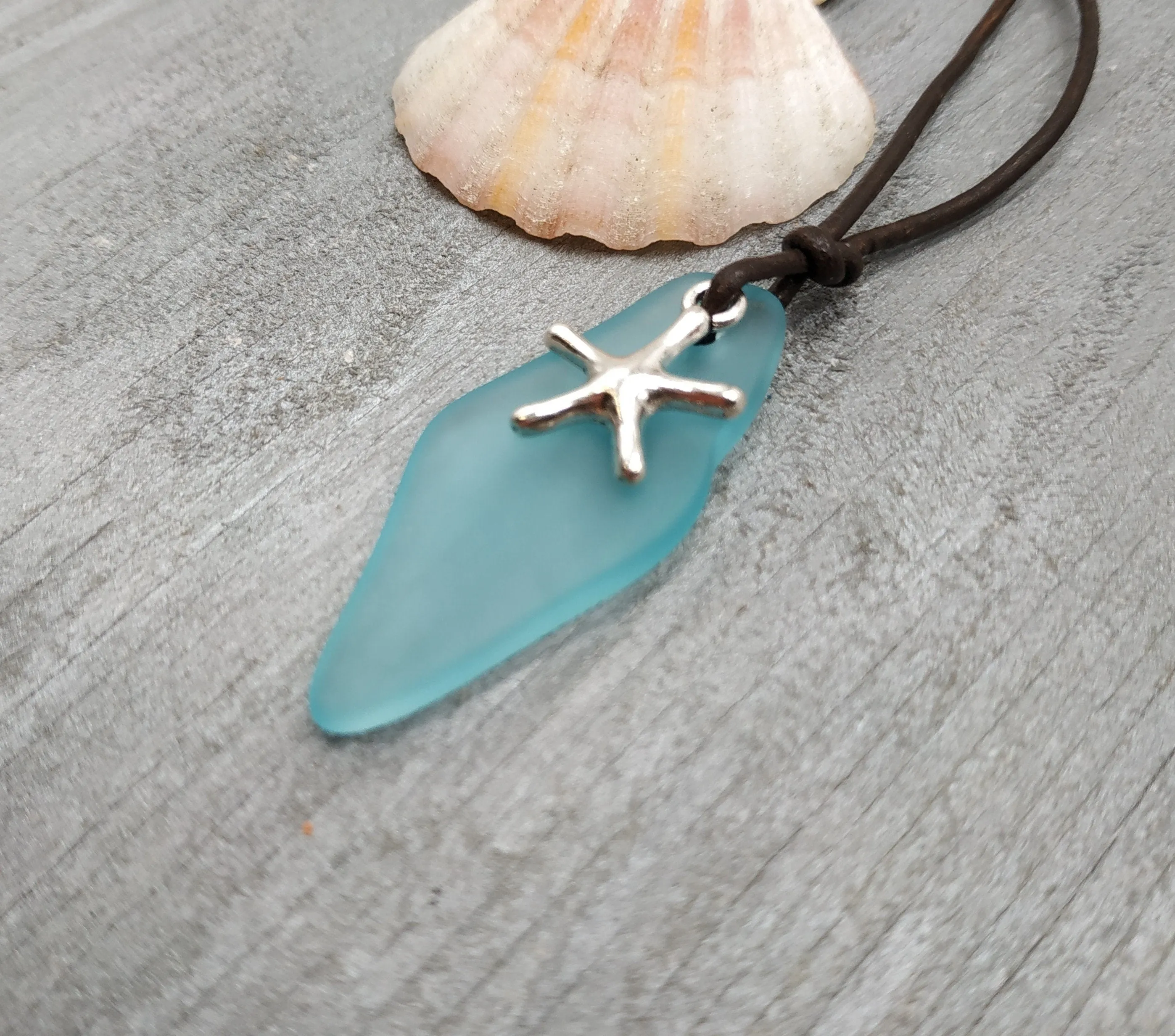 Hawaiian Jewelry Sea Glass Necklace, Turquoise Necklace Blue Necklace Starfish Necklace Leather Cord Necklace, (December Birthstone Jewelry)