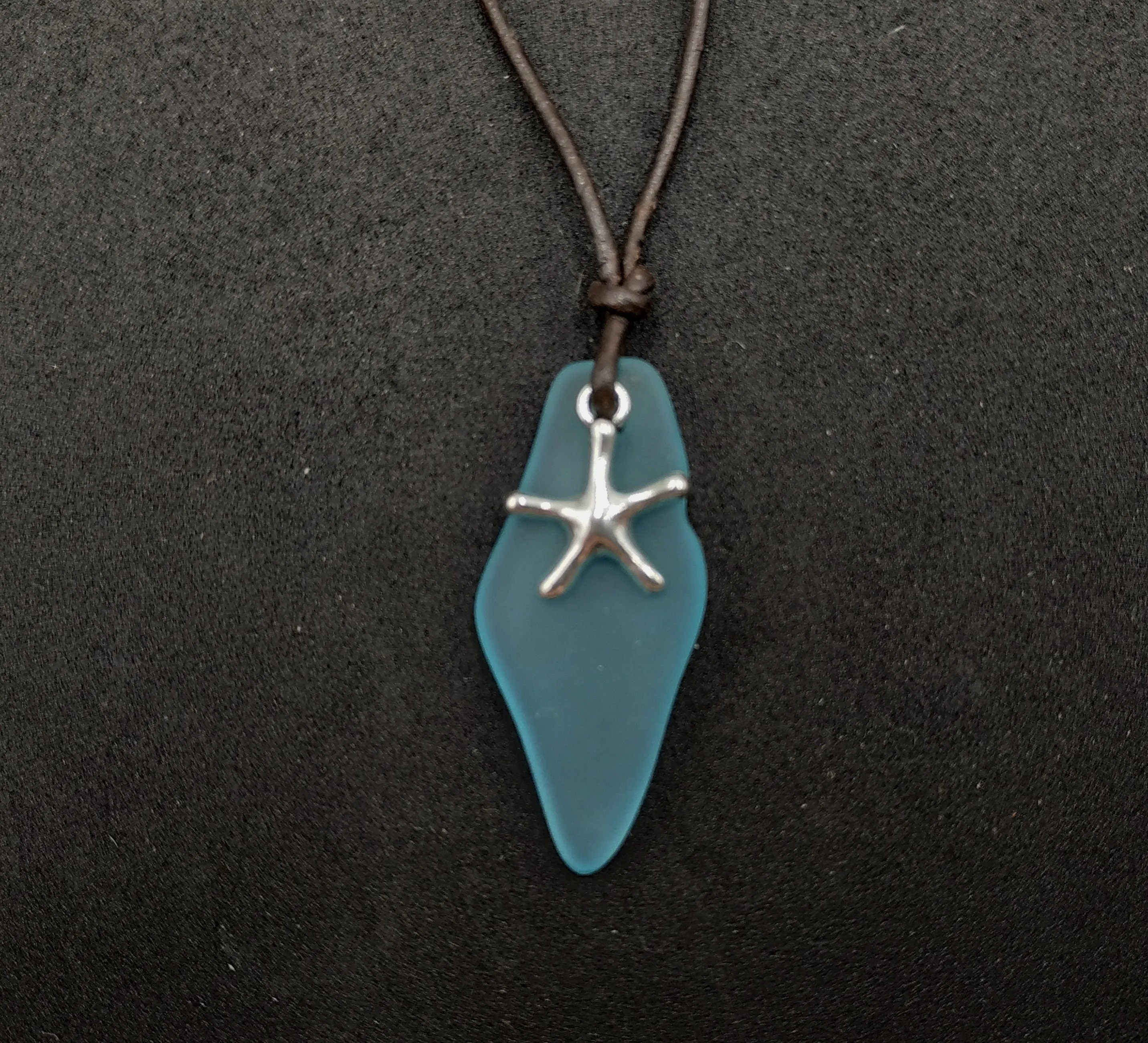 Hawaiian Jewelry Sea Glass Necklace, Turquoise Necklace Blue Necklace Starfish Necklace Leather Cord Necklace, (December Birthstone Jewelry)