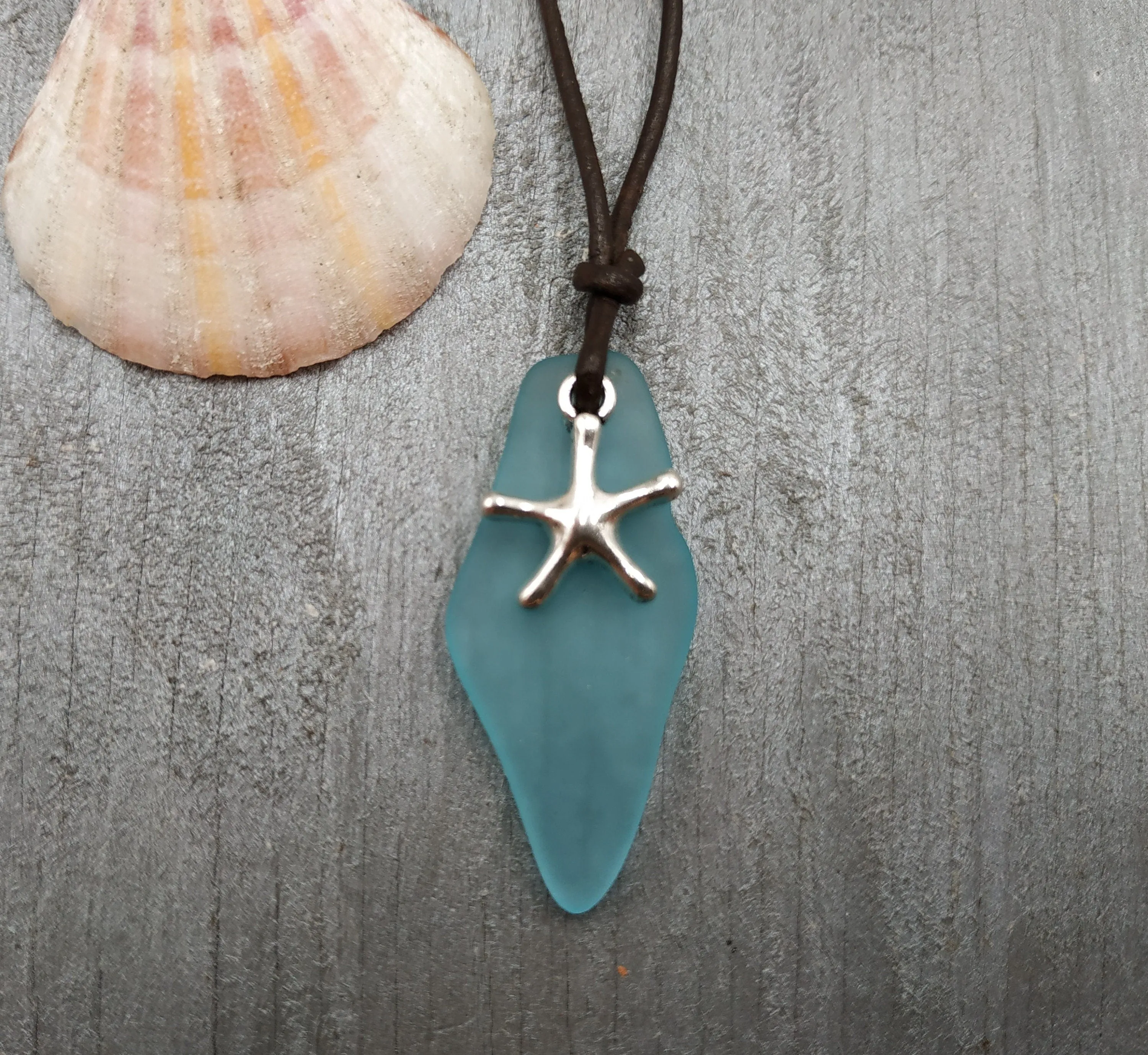Hawaiian Jewelry Sea Glass Necklace, Turquoise Necklace Blue Necklace Starfish Necklace Leather Cord Necklace, (December Birthstone Jewelry)