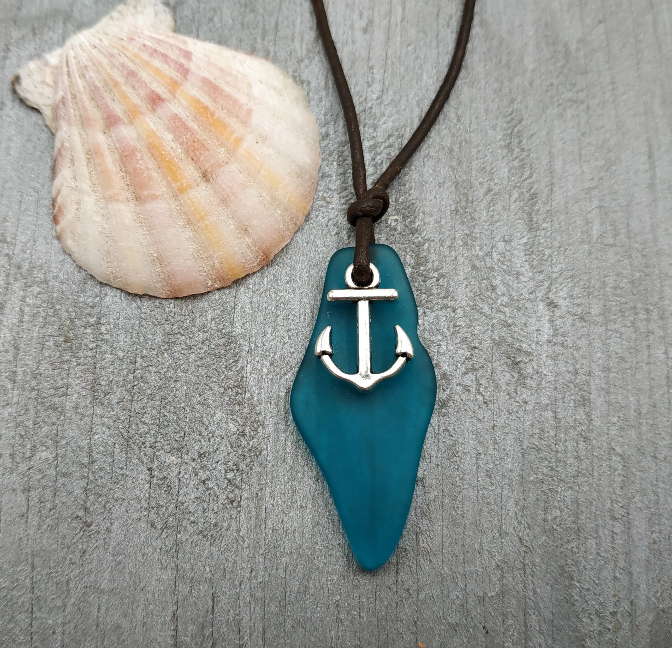 Hawaiian Jewelry Sea Glass Necklace, Unique Teal Ocean Necklace Leather Cord Necklace, Unisex Beach Sea Glass Jewelry Anchor Necklace