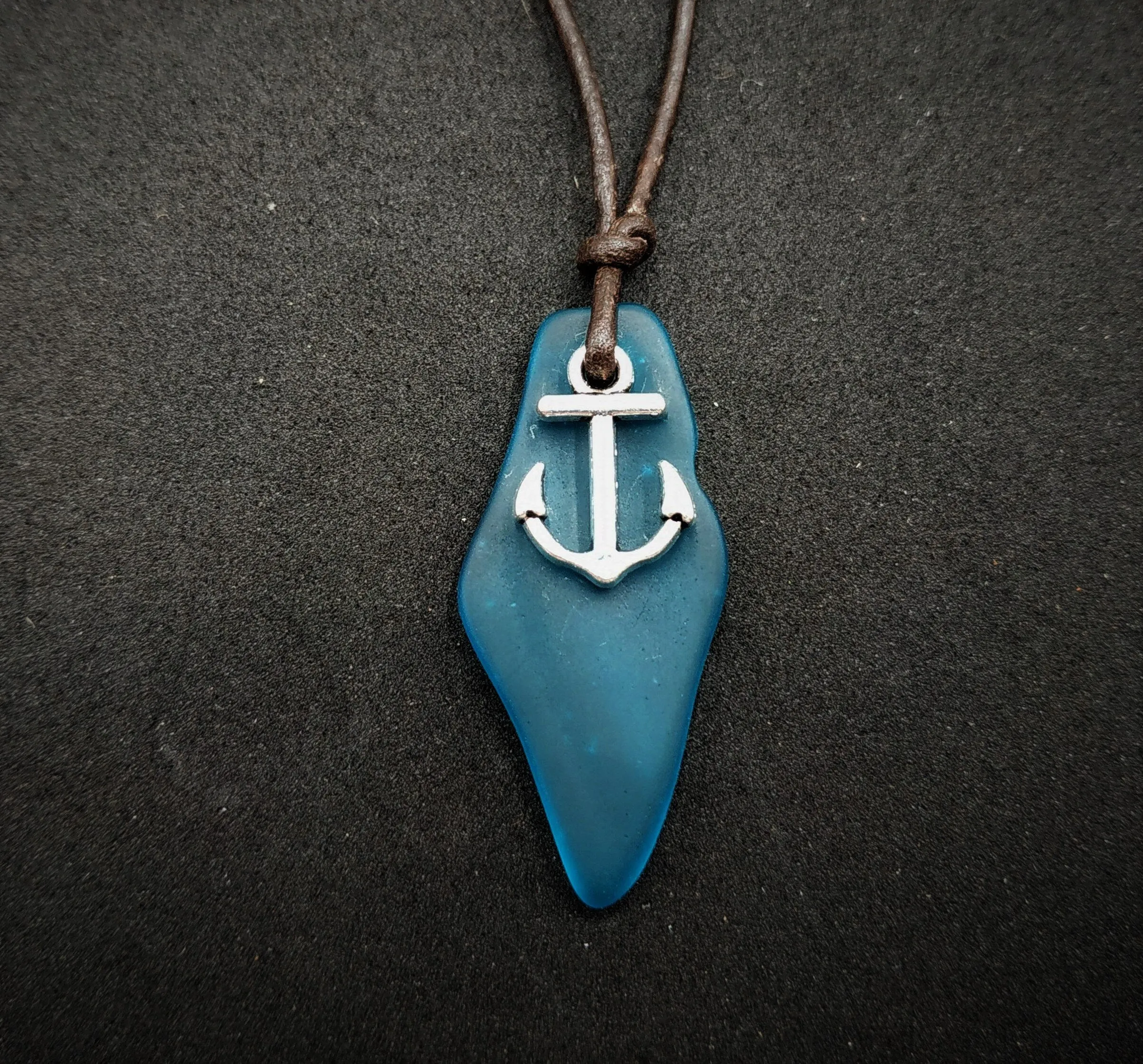 Hawaiian Jewelry Sea Glass Necklace, Unique Teal Ocean Necklace Leather Cord Necklace, Unisex Beach Sea Glass Jewelry Anchor Necklace