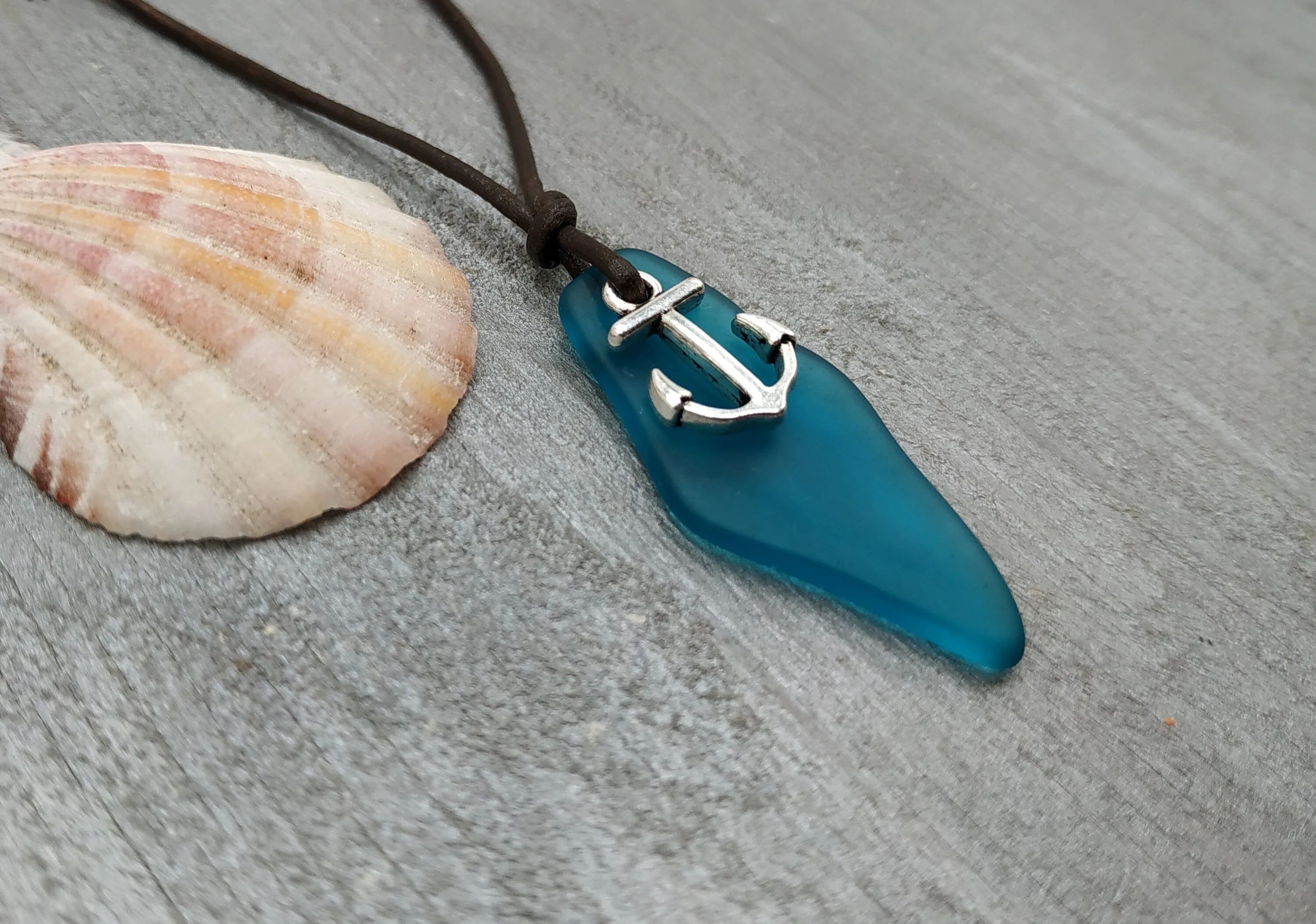 Hawaiian Jewelry Sea Glass Necklace, Unique Teal Ocean Necklace Leather Cord Necklace, Unisex Beach Sea Glass Jewelry Anchor Necklace