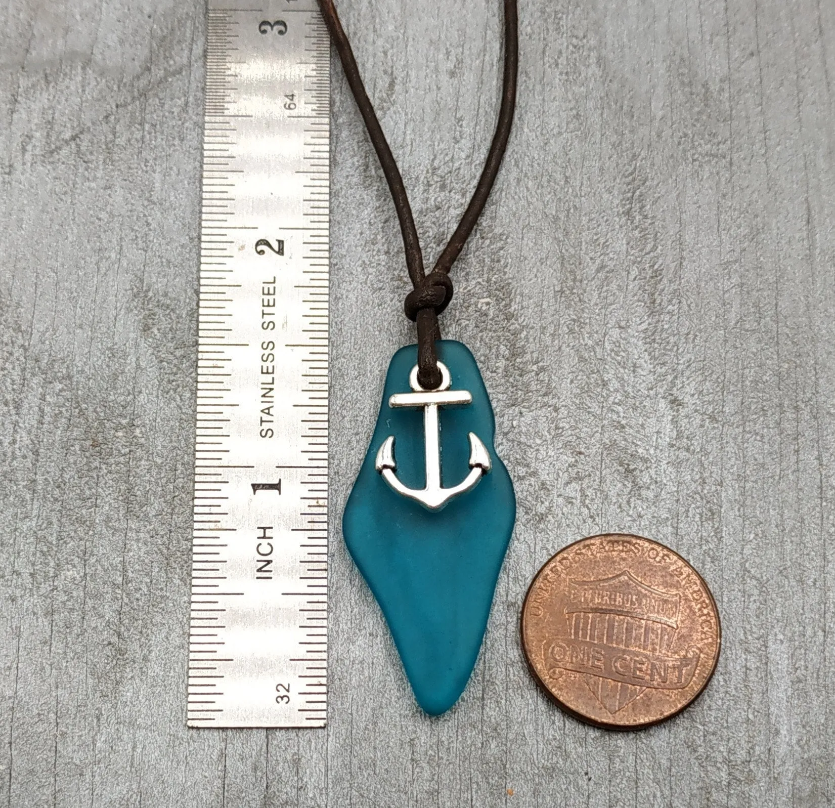Hawaiian Jewelry Sea Glass Necklace, Unique Teal Ocean Necklace Leather Cord Necklace, Unisex Beach Sea Glass Jewelry Anchor Necklace