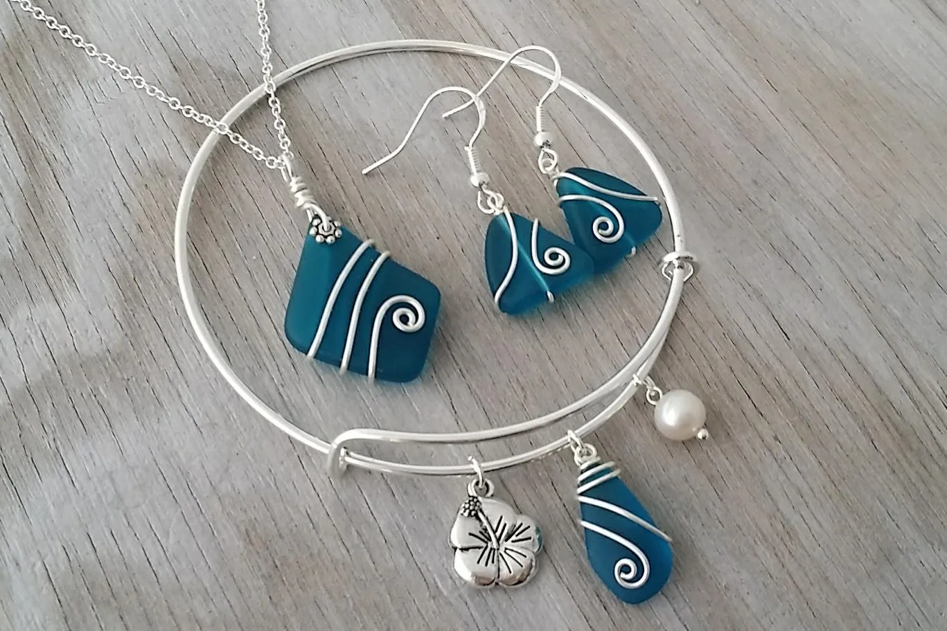 Hawaiian Jewelry Sea Glass Set, Teal Wire Wrapped Necklace Earrings Bracelet Jewelry Set, Beachy Sea Glass Jewelry For Women Unique Jewelry