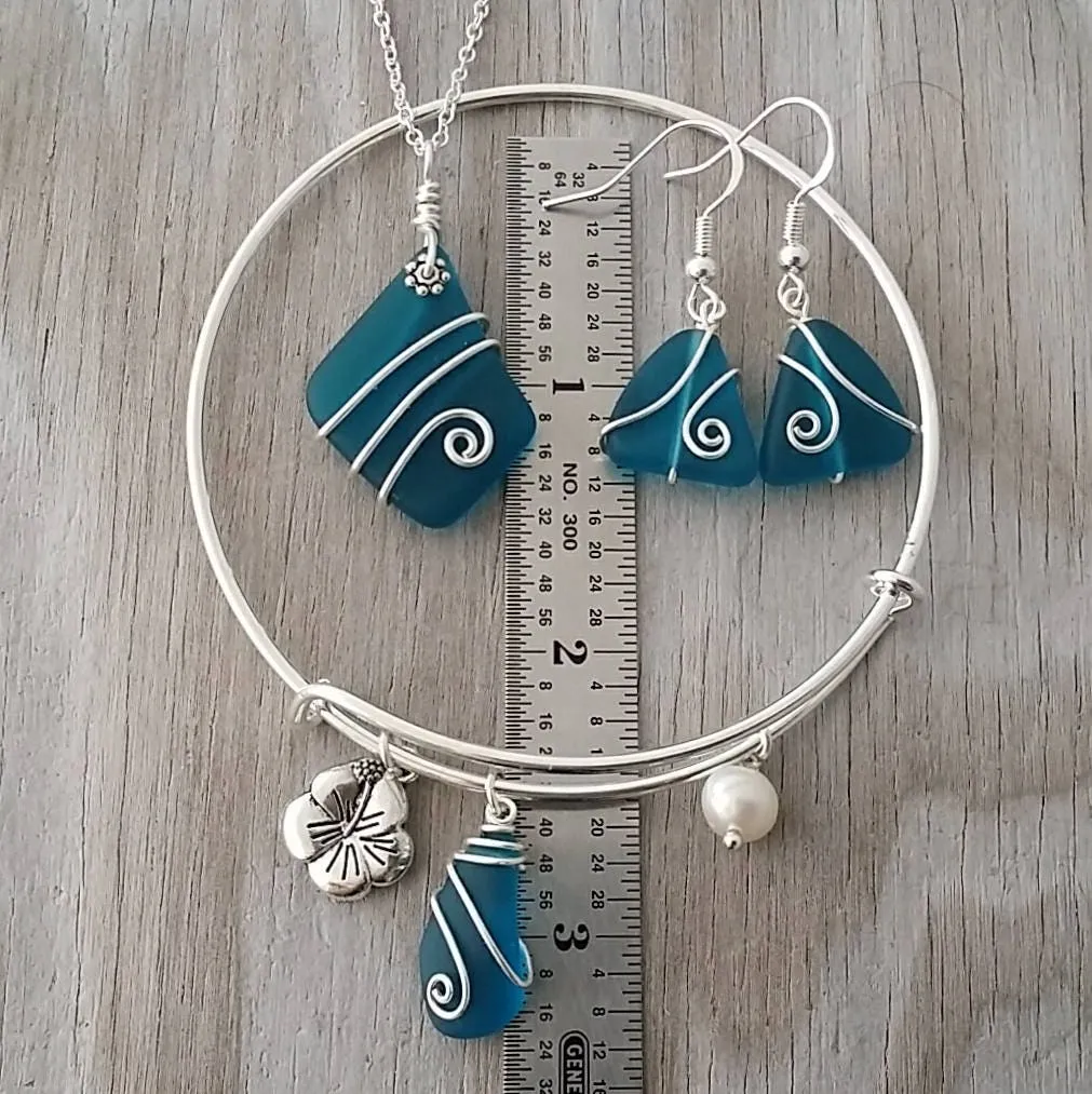 Hawaiian Jewelry Sea Glass Set, Teal Wire Wrapped Necklace Earrings Bracelet Jewelry Set, Beachy Sea Glass Jewelry For Women Unique Jewelry