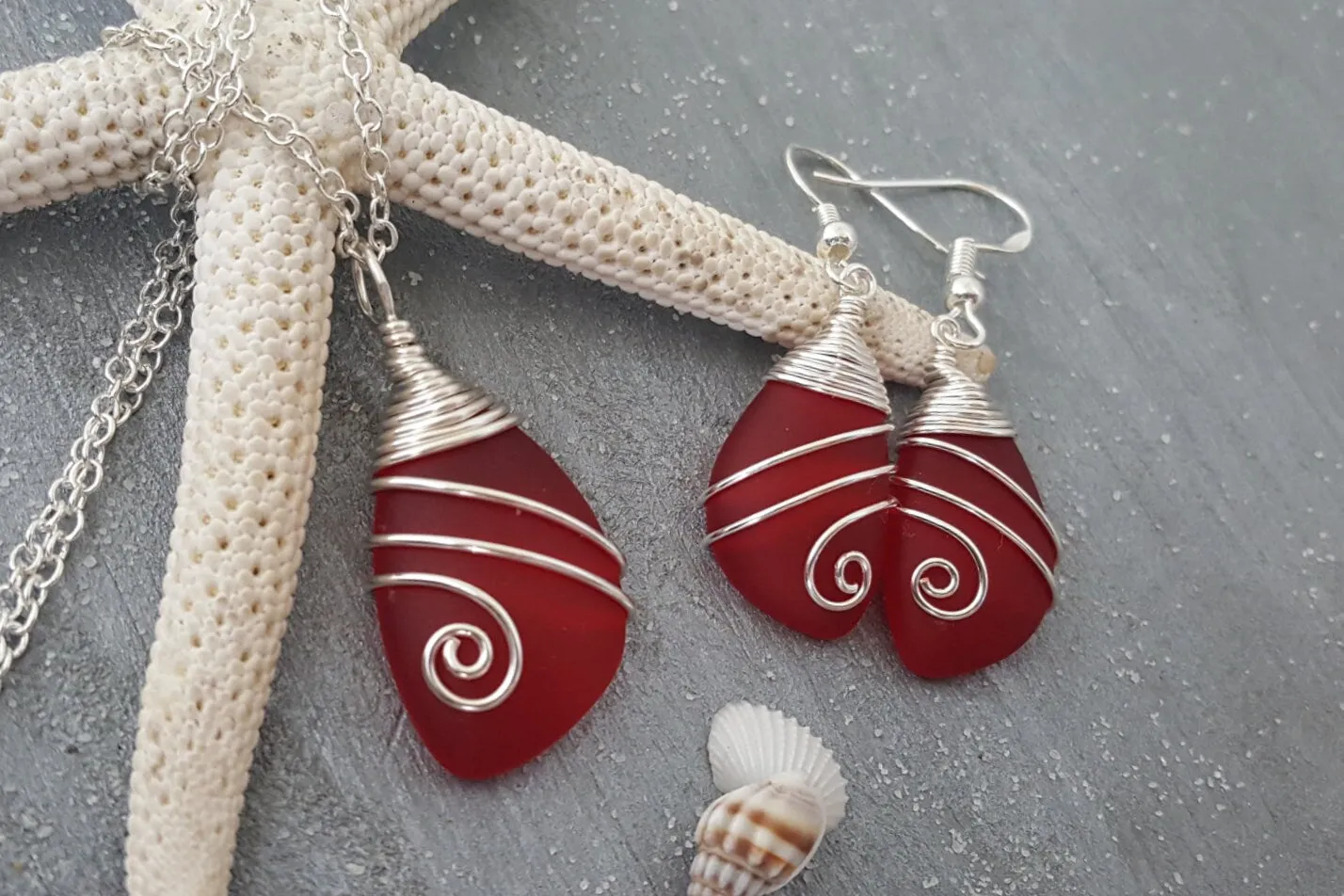 Hawaiian Jewelry Sea Glass Set, Top Wire Wrapped Red Necklace Earrings Jewelry Set, Sea Glass Jewelry Birthday Gift (January Birthstone)