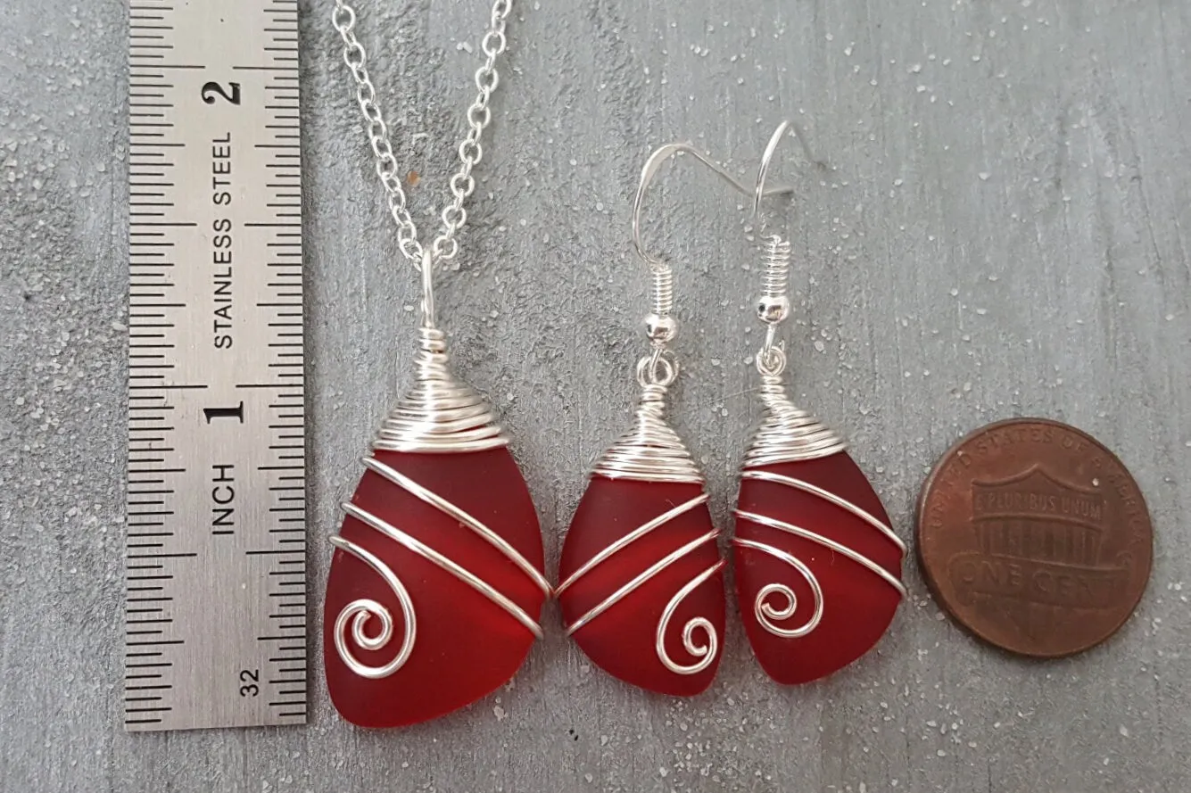 Hawaiian Jewelry Sea Glass Set, Top Wire Wrapped Red Necklace Earrings Jewelry Set, Sea Glass Jewelry Birthday Gift (January Birthstone)