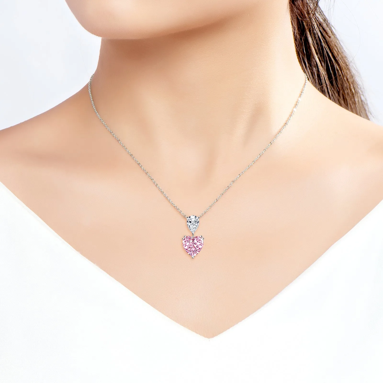 Heart & Pear Shaped Pink Created Diamond Pendant Necklace