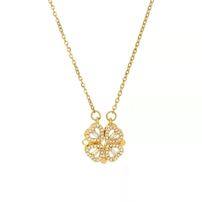 Heart Four Leaf Clover Pendant Necklace Zircon Choker