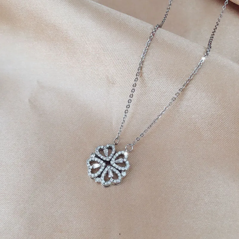 Heart Four Leaf Clover Pendant Necklace Zircon Choker