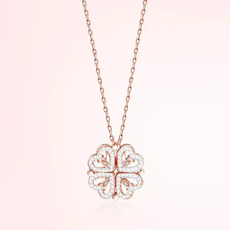 Heart Four Leaf Clover Pendant Necklace Zircon Choker
