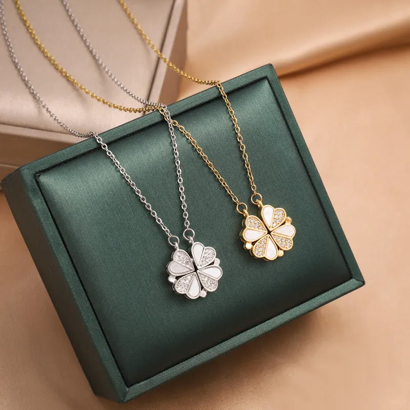 Heart Four Leaf Clover Pendant Necklace Zircon Choker