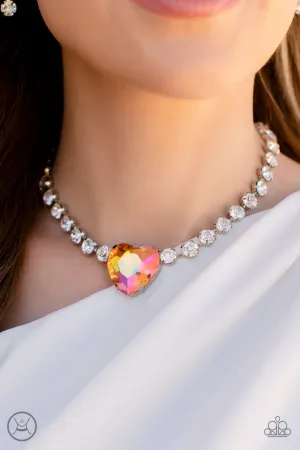 Heart in My Throat - Orange - Iridescent Heart Gem White Rhinestone Paparazzi Choker Necklace - October 2022 Life of the Party Exclusive