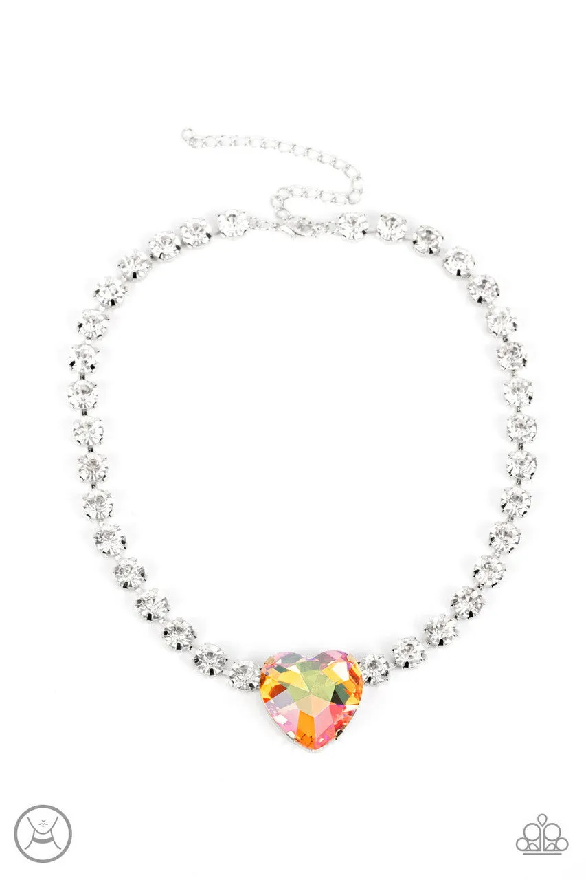 Heart in My Throat - Orange - Iridescent Heart Gem White Rhinestone Paparazzi Choker Necklace - October 2022 Life of the Party Exclusive