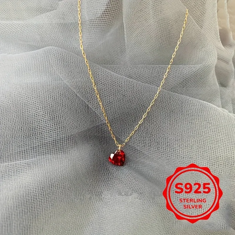 Heart Necklace Red Cubic Zirconia Pendant Clavicle Chain S925 Silver