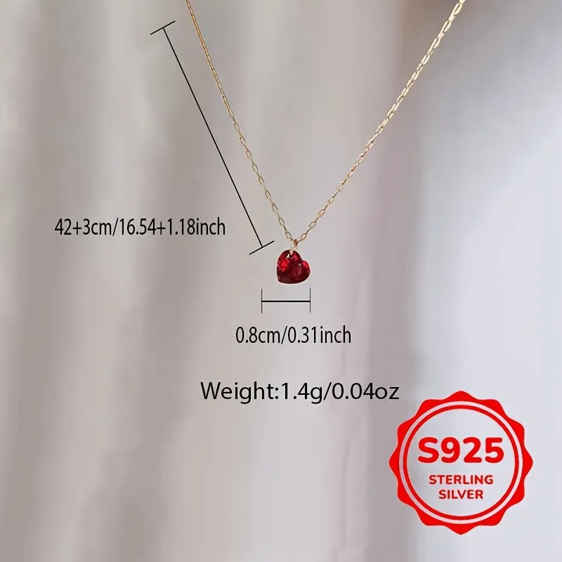 Heart Necklace Red Cubic Zirconia Pendant Clavicle Chain S925 Silver