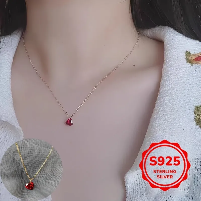 Heart Necklace Red Cubic Zirconia Pendant Clavicle Chain S925 Silver