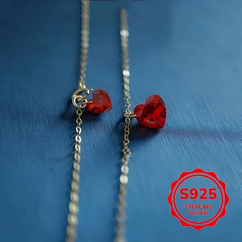 Heart Necklace Red Cubic Zirconia Pendant Clavicle Chain S925 Silver