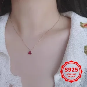 Heart Necklace Red Cubic Zirconia Pendant Clavicle Chain S925 Silver
