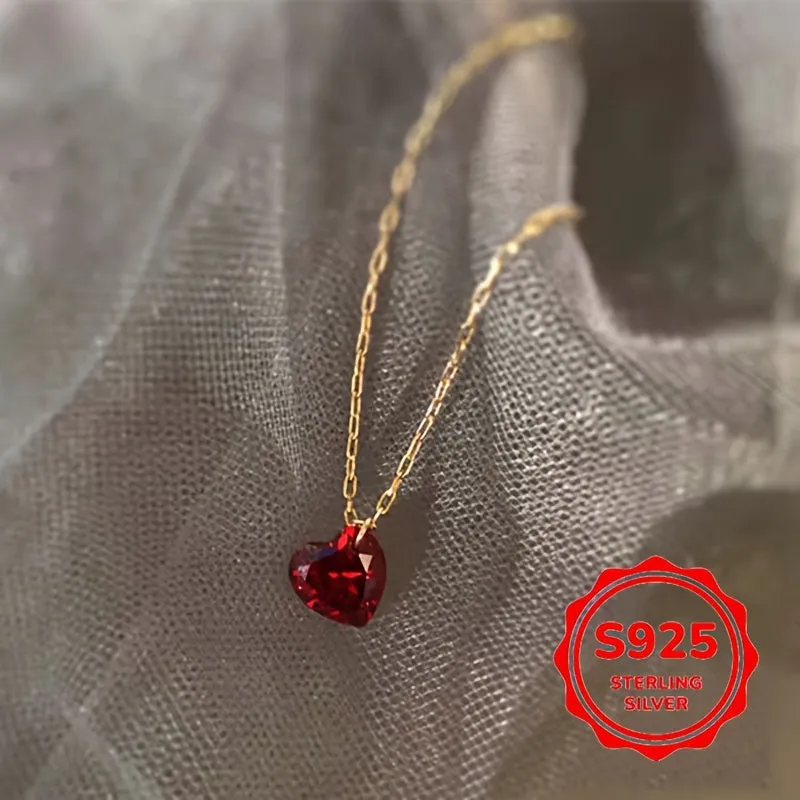 Heart Necklace Red Cubic Zirconia Pendant Clavicle Chain S925 Silver
