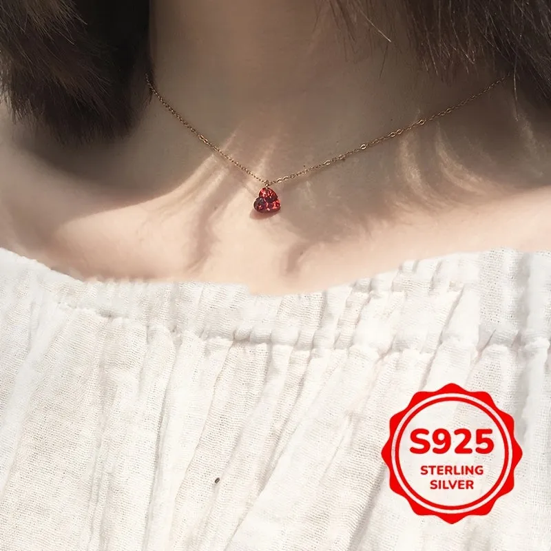 Heart Necklace Red Cubic Zirconia Pendant Clavicle Chain S925 Silver