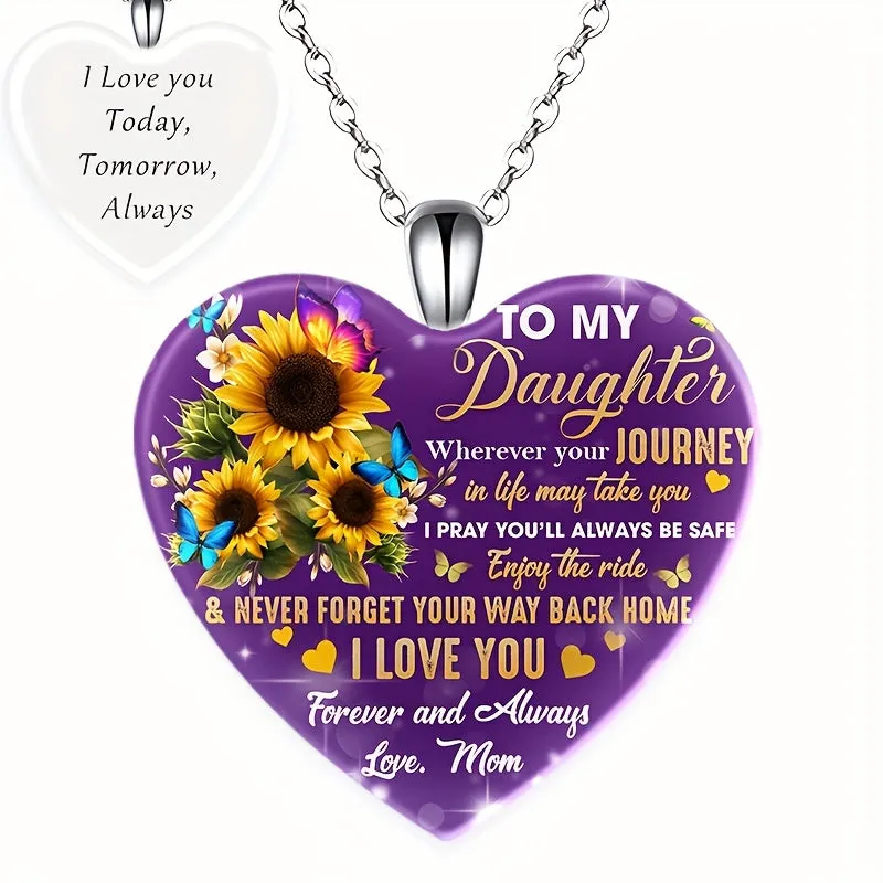 Heart Pendant Necklace Sunflower Pattern Gift