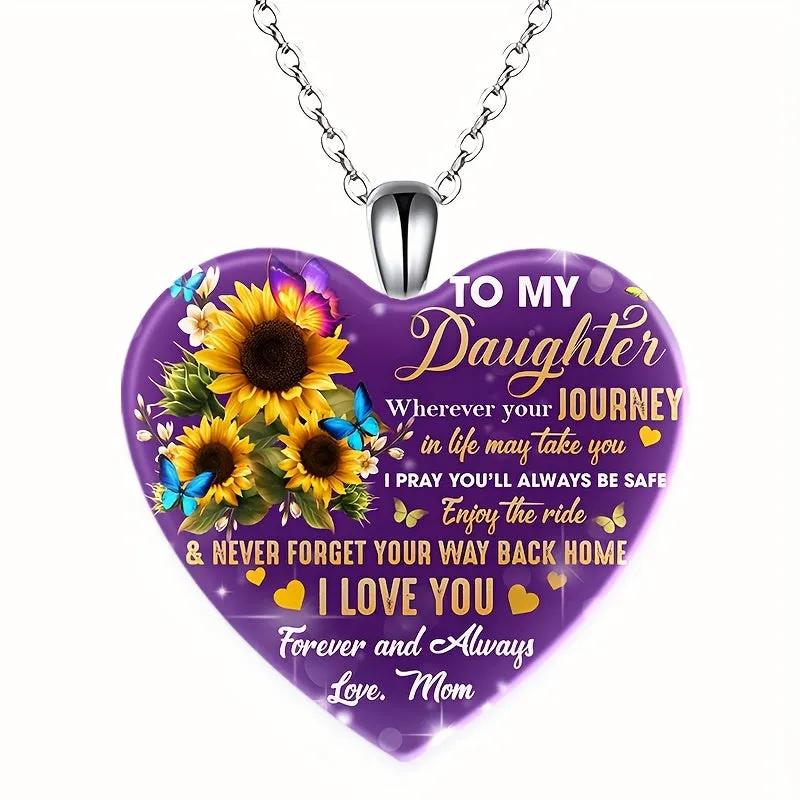 Heart Pendant Necklace Sunflower Pattern Gift