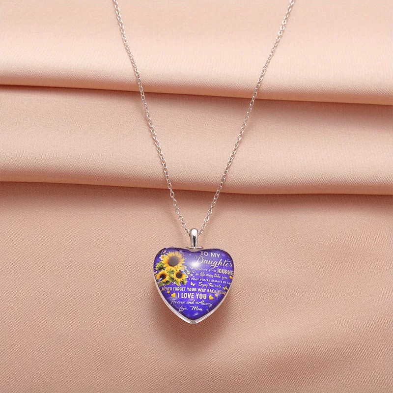 Heart Pendant Necklace Sunflower Pattern Gift