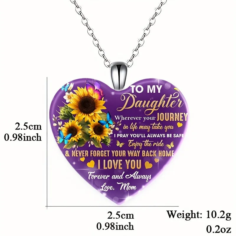 Heart Pendant Necklace Sunflower Pattern Gift